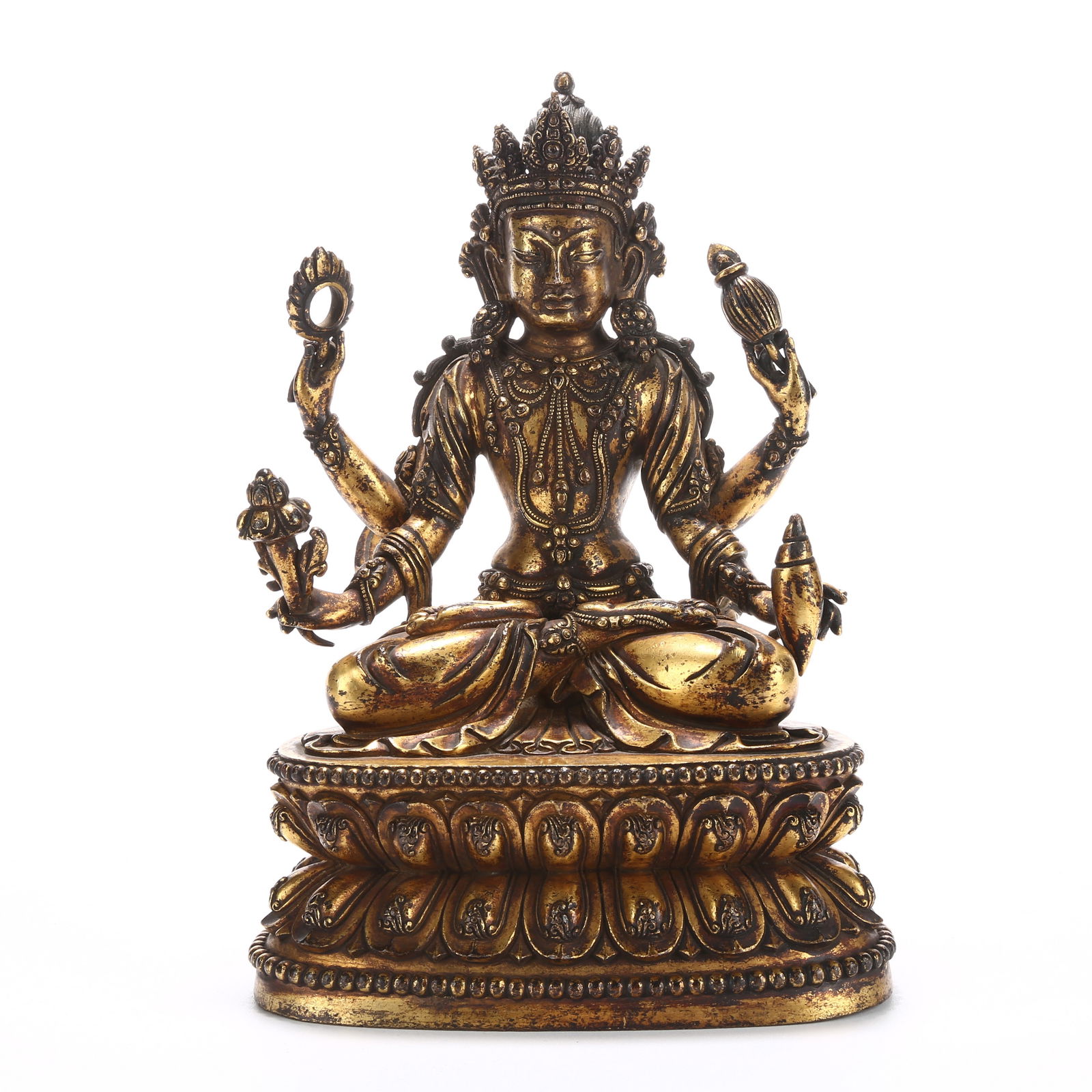 A GILT BRONZE AMOGHAPASHA AVALOKITESHVARA STATUE: Gilt Bronze Amoghapasha Avalokiteshvara Statue