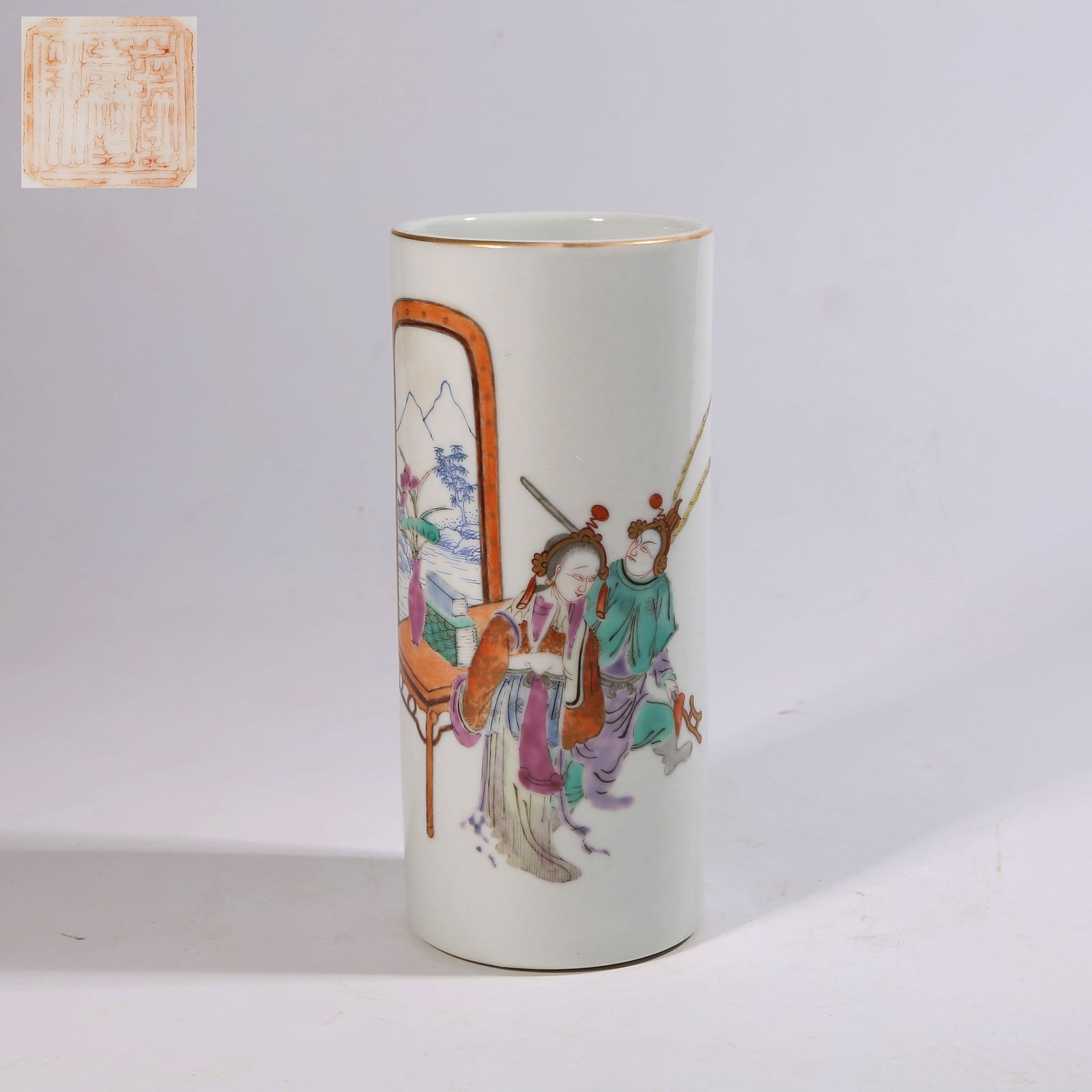A FAMILLE ROSE BRUSH HOLDER WITH FIGURE STORY DESIGN (1 of 9)
