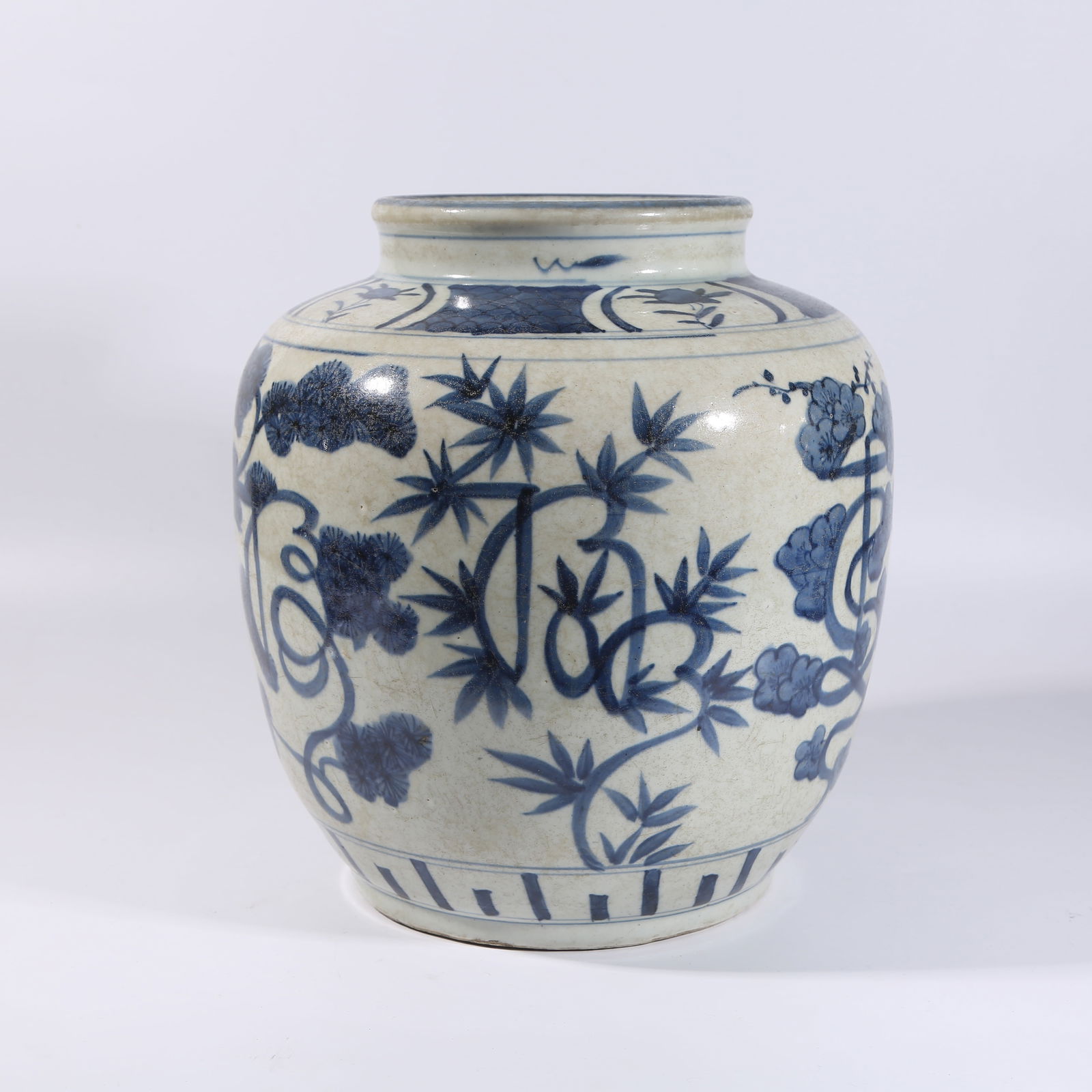 A BLUE-AND-WHITE "THREE FRIENDS OF WINTER" PATTERN JAR (1 of 11)