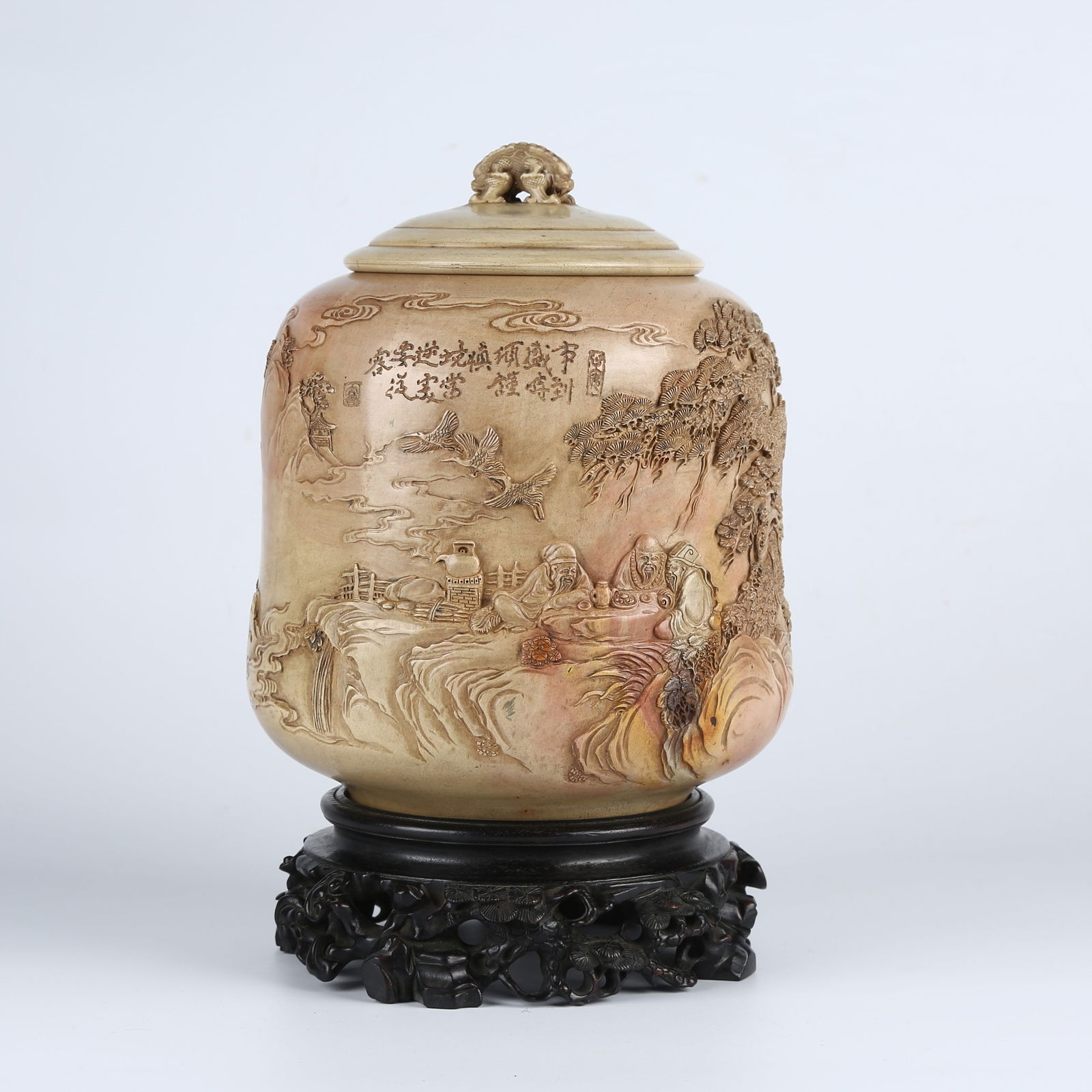 A SHOUSHAN STONE CARVED LANDSCAPE AND FIGURE PATTERN COVERED JAR (1 of 11)