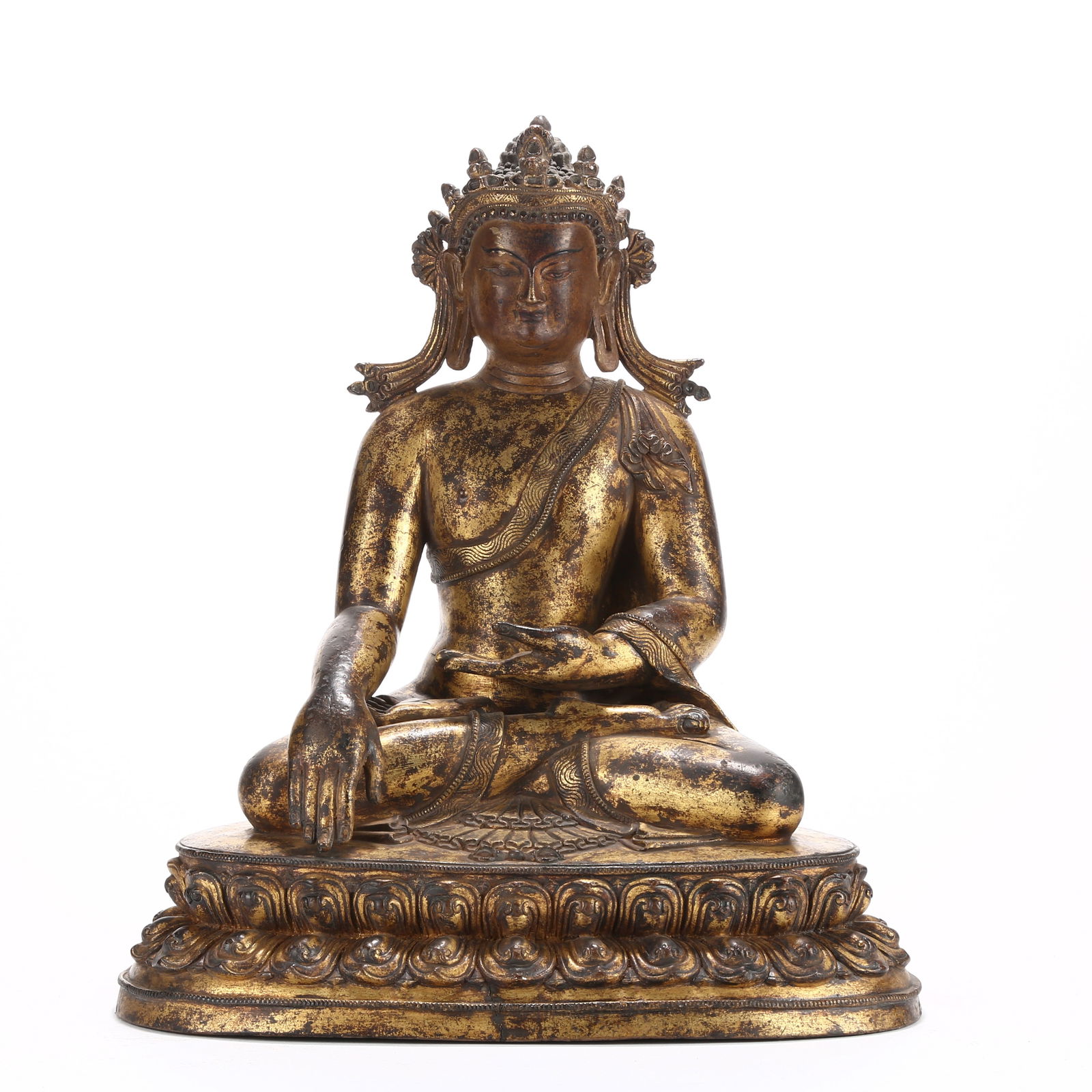 A GILT BRONZE CROWNED SHAKYAMUNI BUDDHA STATUE (1 of 10)