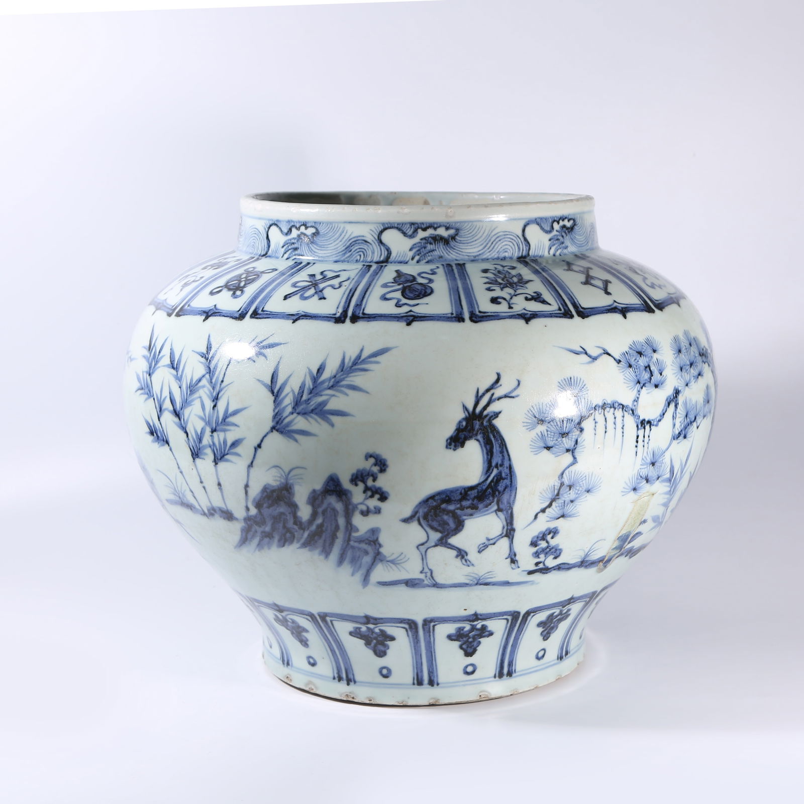A BLUE-AND-WHITE JAR WITH "THREE FRIENDS OF WINTER" MOTIF: Blue-and-white Jar with "Three Friends of Winter" Motif