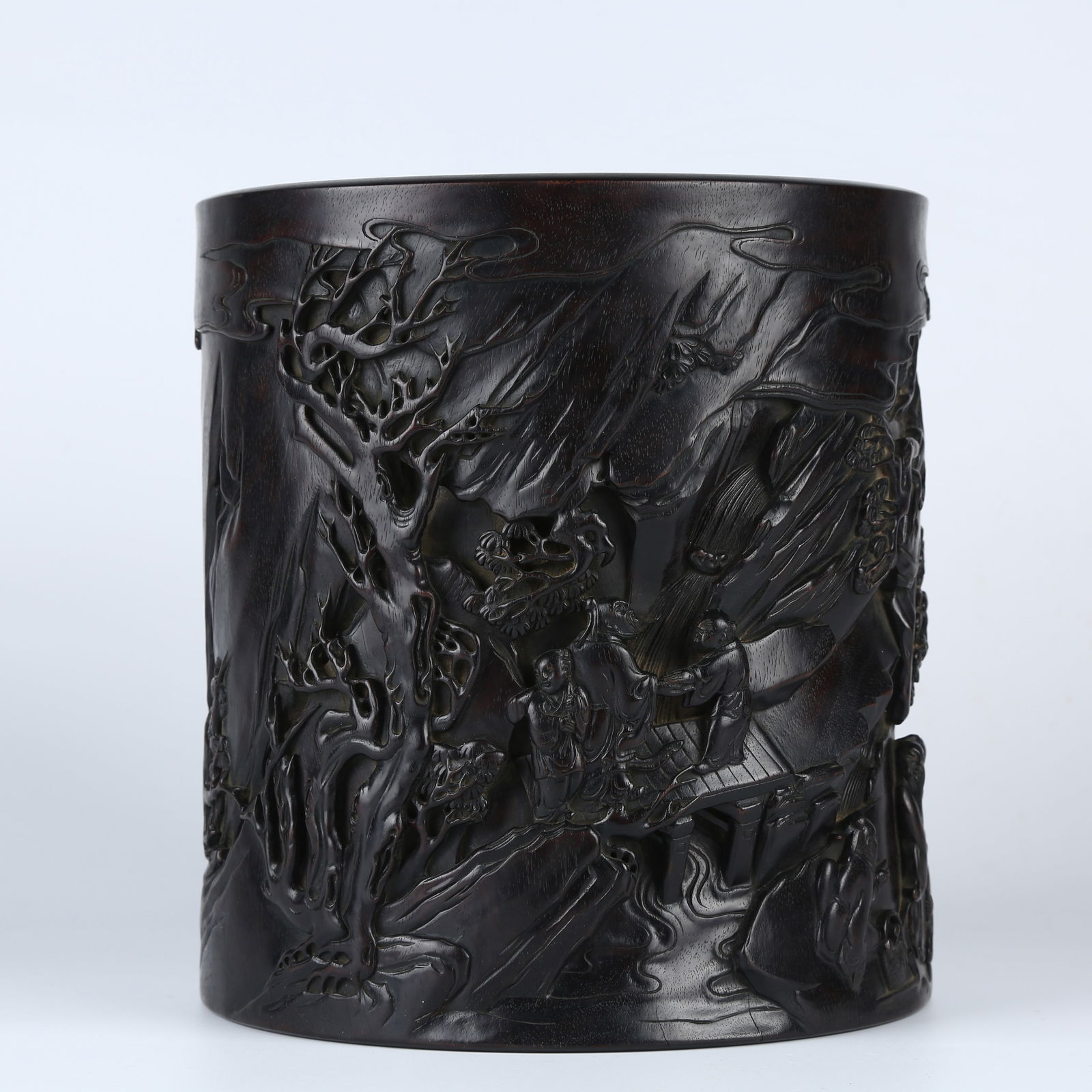 A ZITAN WOOD CARVED LANDSCAPE AND STORY SCENE BRUSH POT (1 of 11)