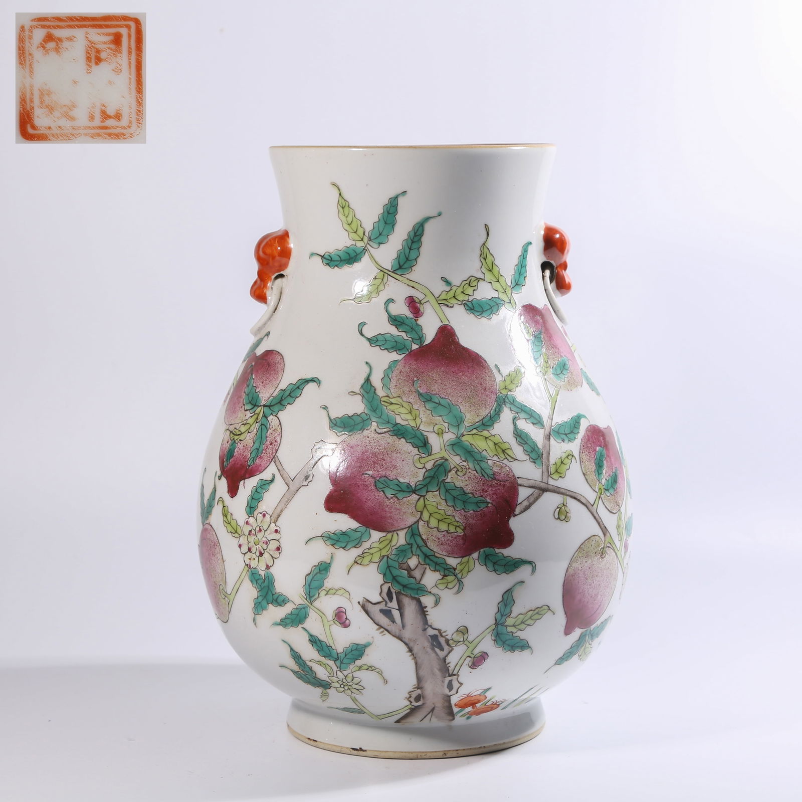 A FENCAI VASE WITH NINE-PEACH PATTERN AND TWIN NECK HANDLES (1 of 9)