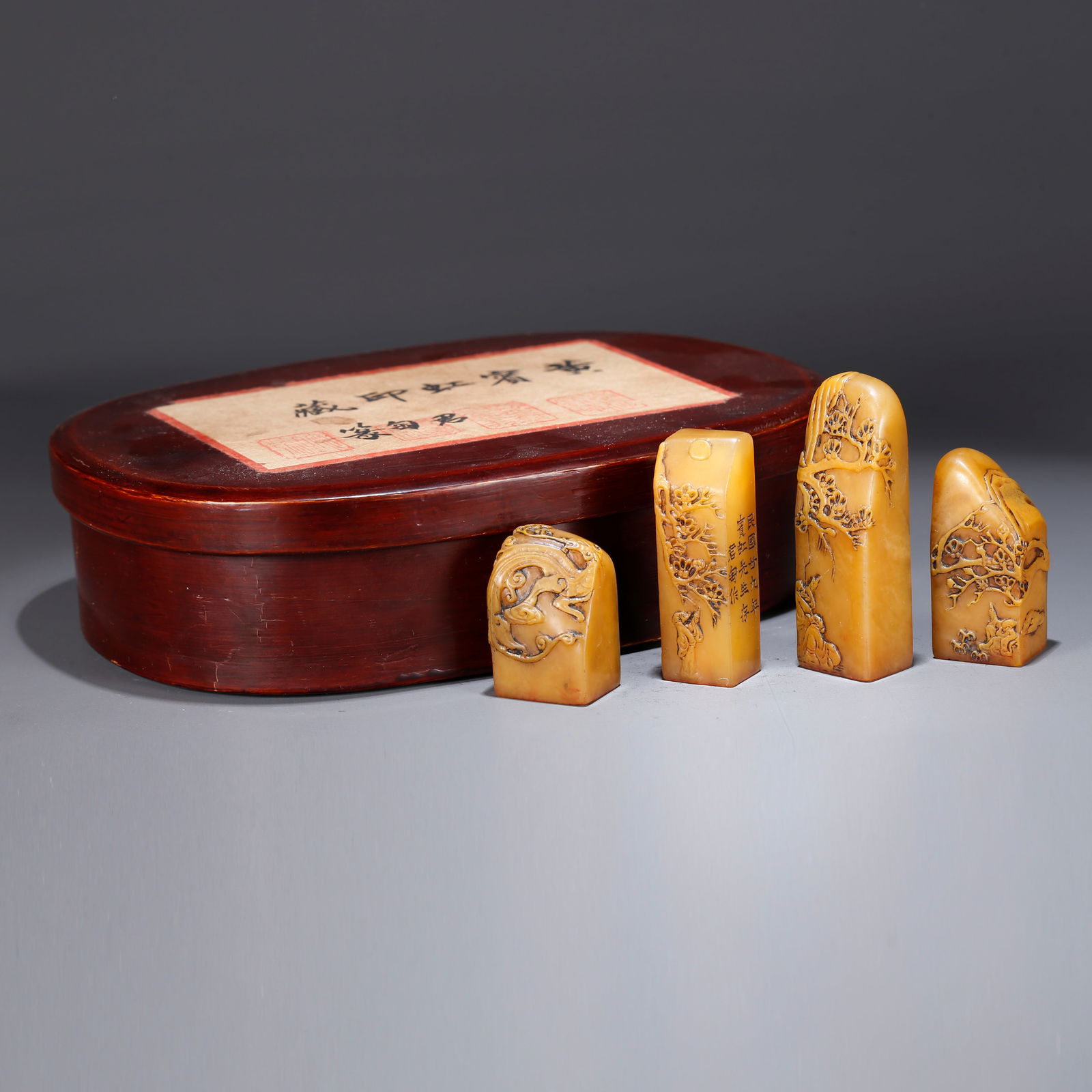 A SET OF SHOUSHAN TIANHUANG STONE SEALS WITH FIGURATIVE STORY DESIGN (1 of 10)