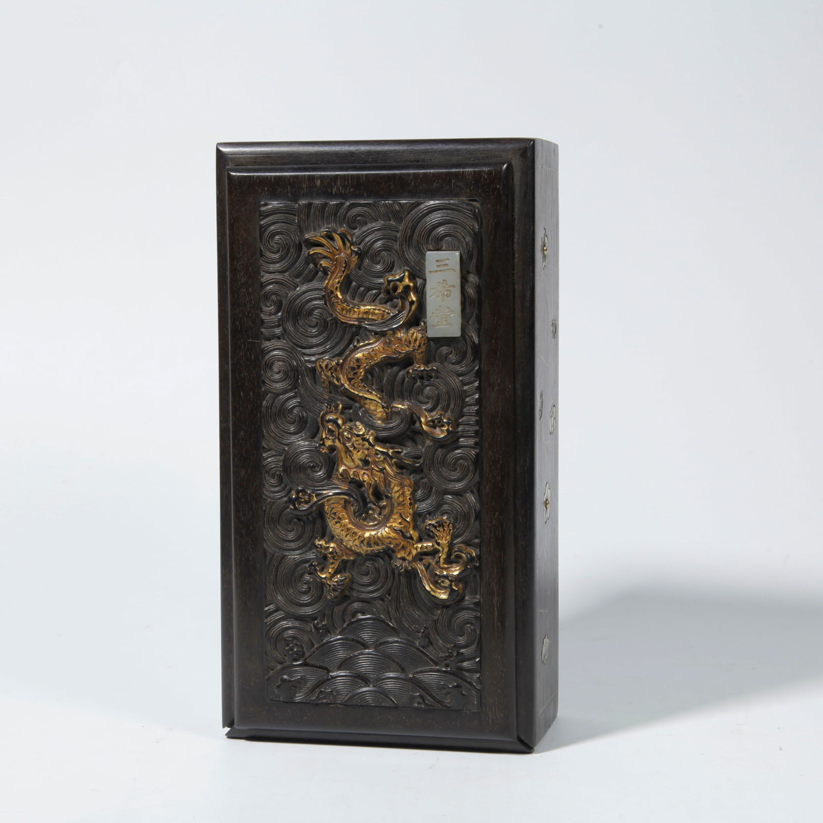 A ZITAN WOOD BOX WITH SEA AND DRAGON CARVED LID: Zitan Wood Box with Sea and Dragon Carved Lid