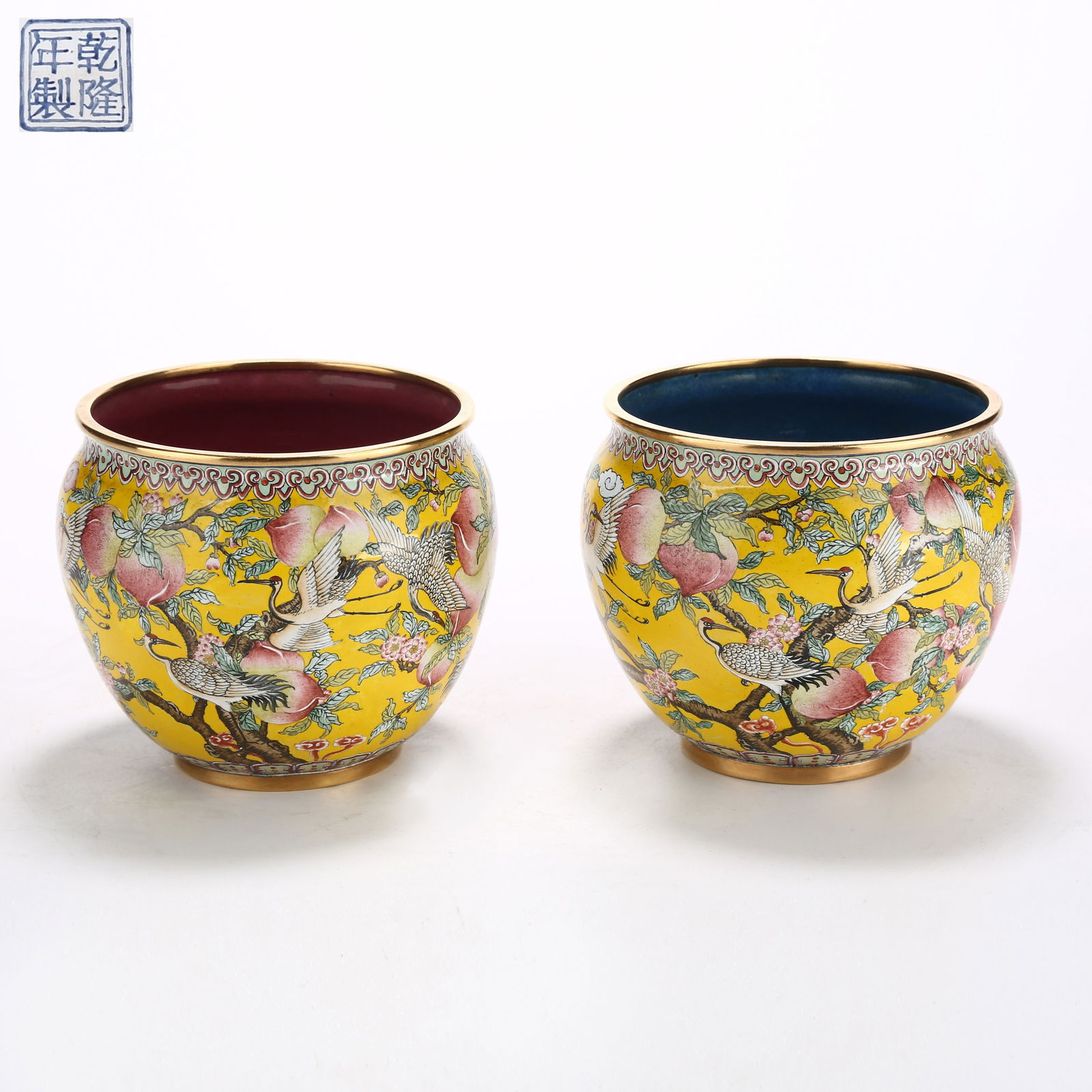 A SET OF CLOISONNÉ ENAMEL BASINS WITH CRANE AND LONGEVITY MOTIF: Set of Cloisonné Enamel Basins with Crane and Longevity Motif