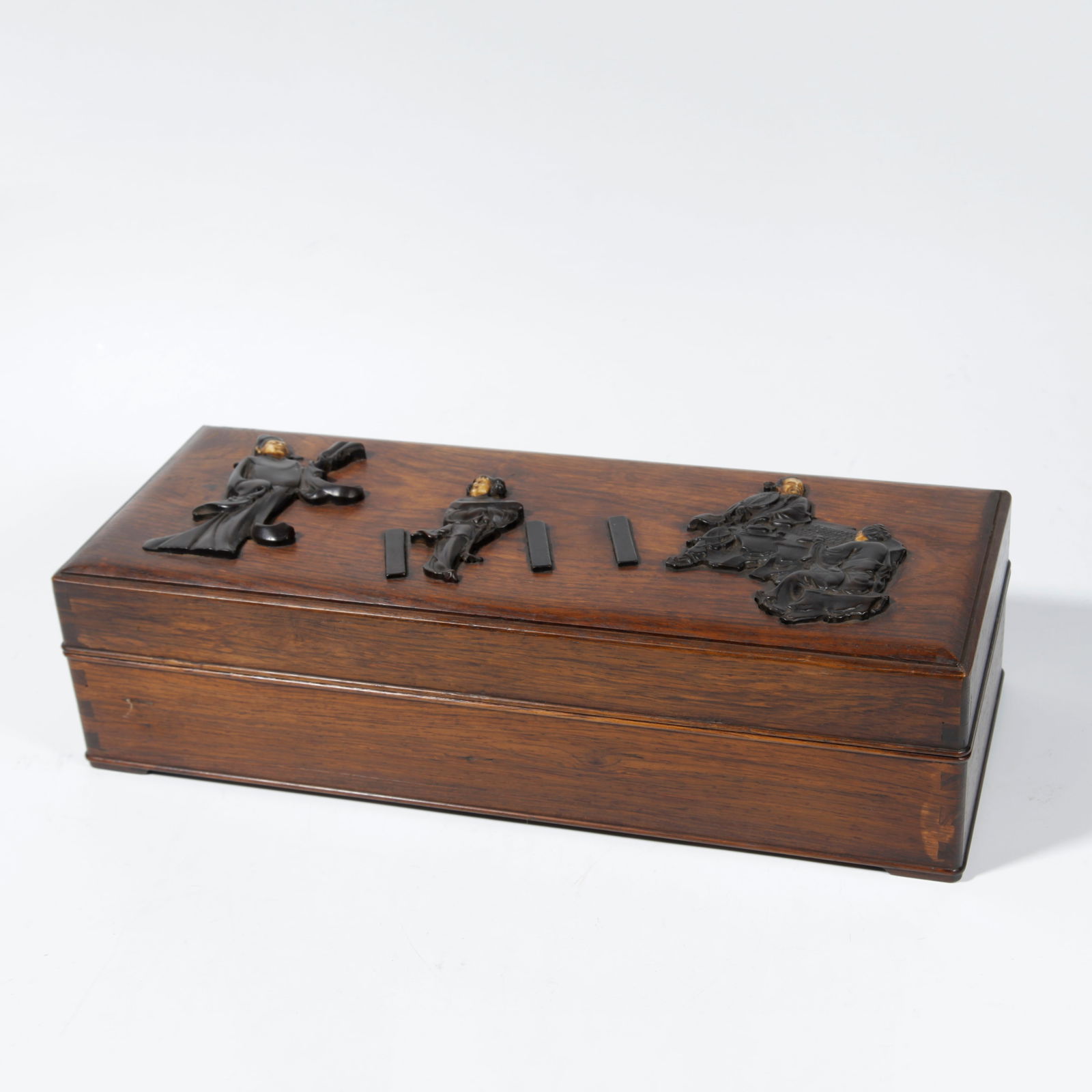 A HUANGHUALI WOOD BOX INLAID WITH ZITAN CARVING DEPICTING FIGURES AND STORIES (1 of 9)