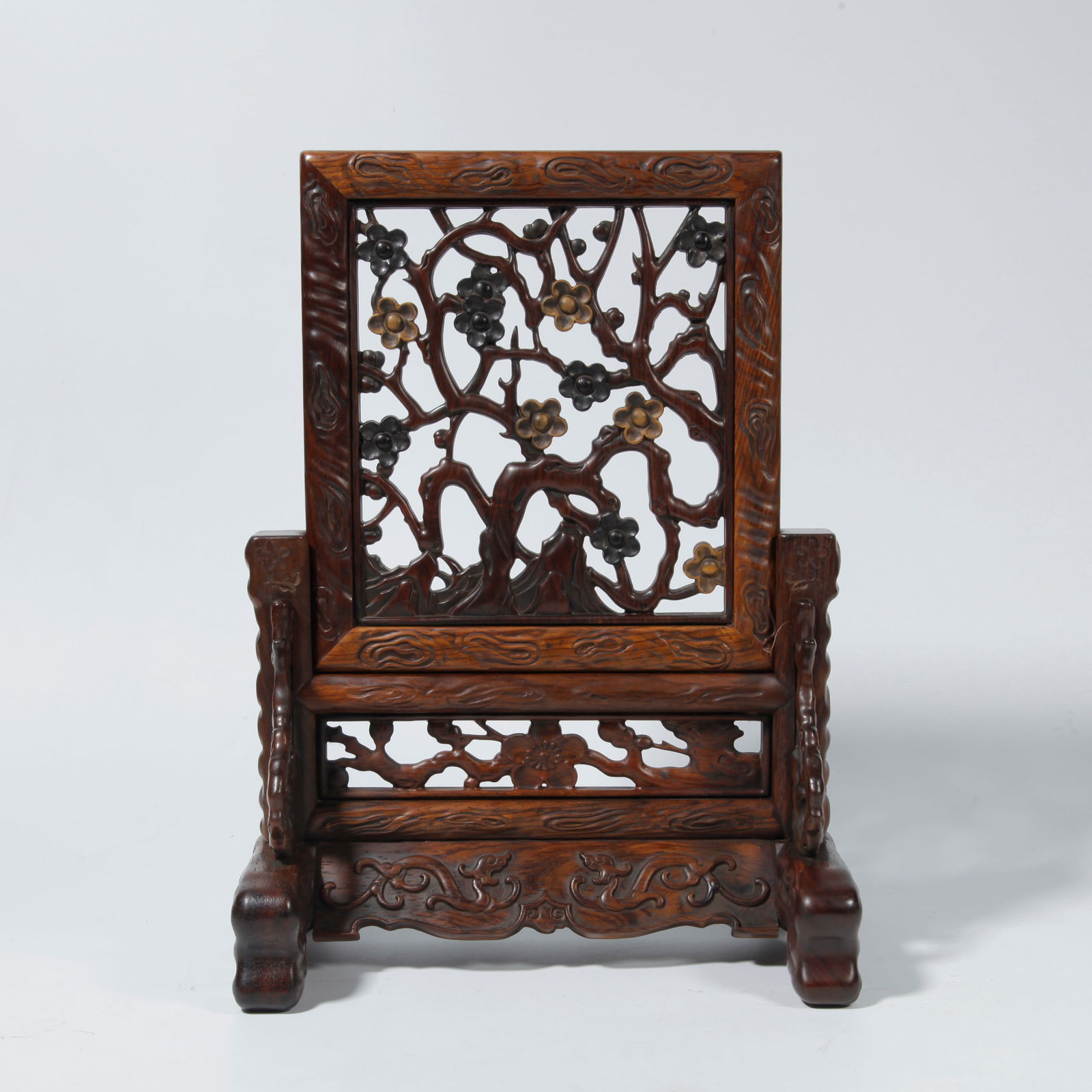 A HUANGHUALI WOOD SCREEN CARVED WITH PLUM BLOSSOM PATTERN (1 of 9)