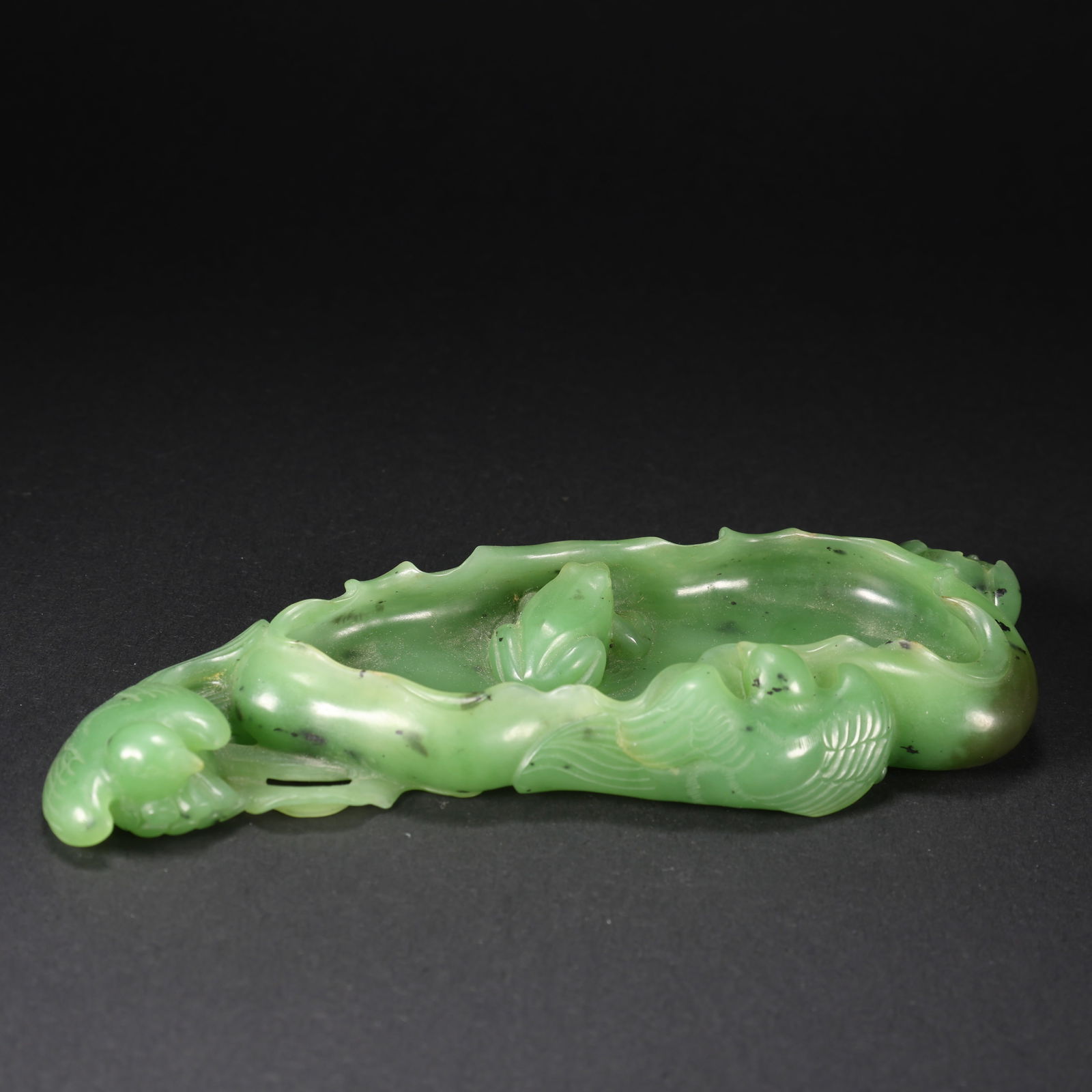 A HETIAN GREEN JADE BIRD AND LOTUS INKSTONE (1 of 9)