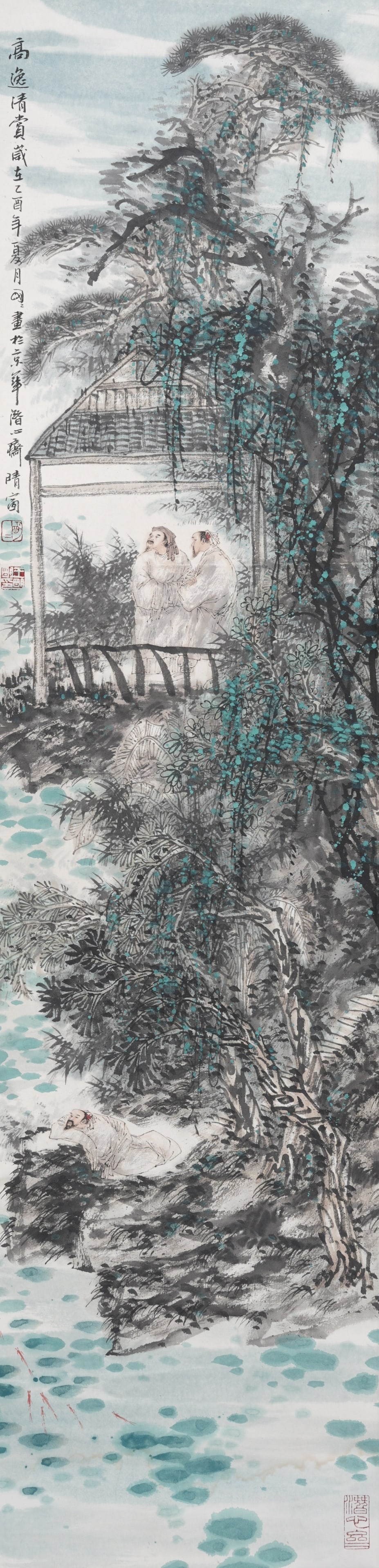 A FIGURE AND NARRATIVE PAINTING ON PAPER BY WANG MINGMING, FRAMED AS A HANGING SCROLL.王 (1 of 11)