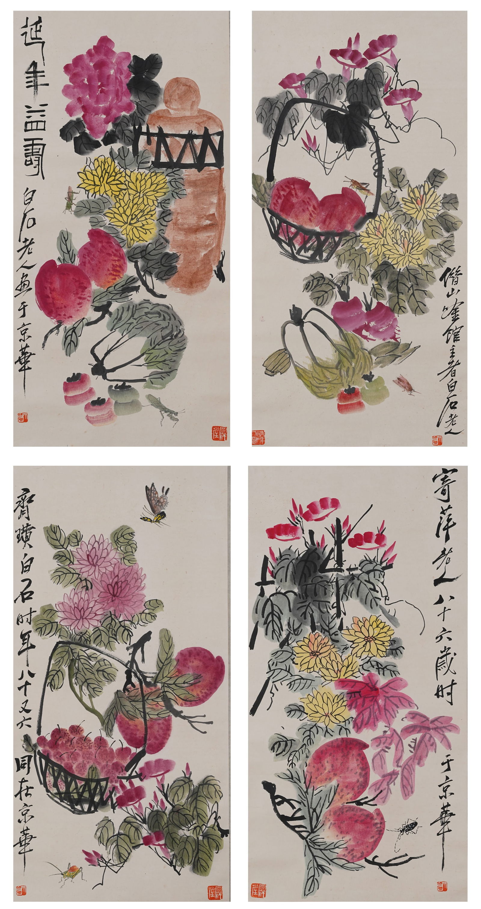 A FLOWER PAINTING ON PAPER (FOUR PANELS) BY QI BAISHI.齊白石 (1 of 20)