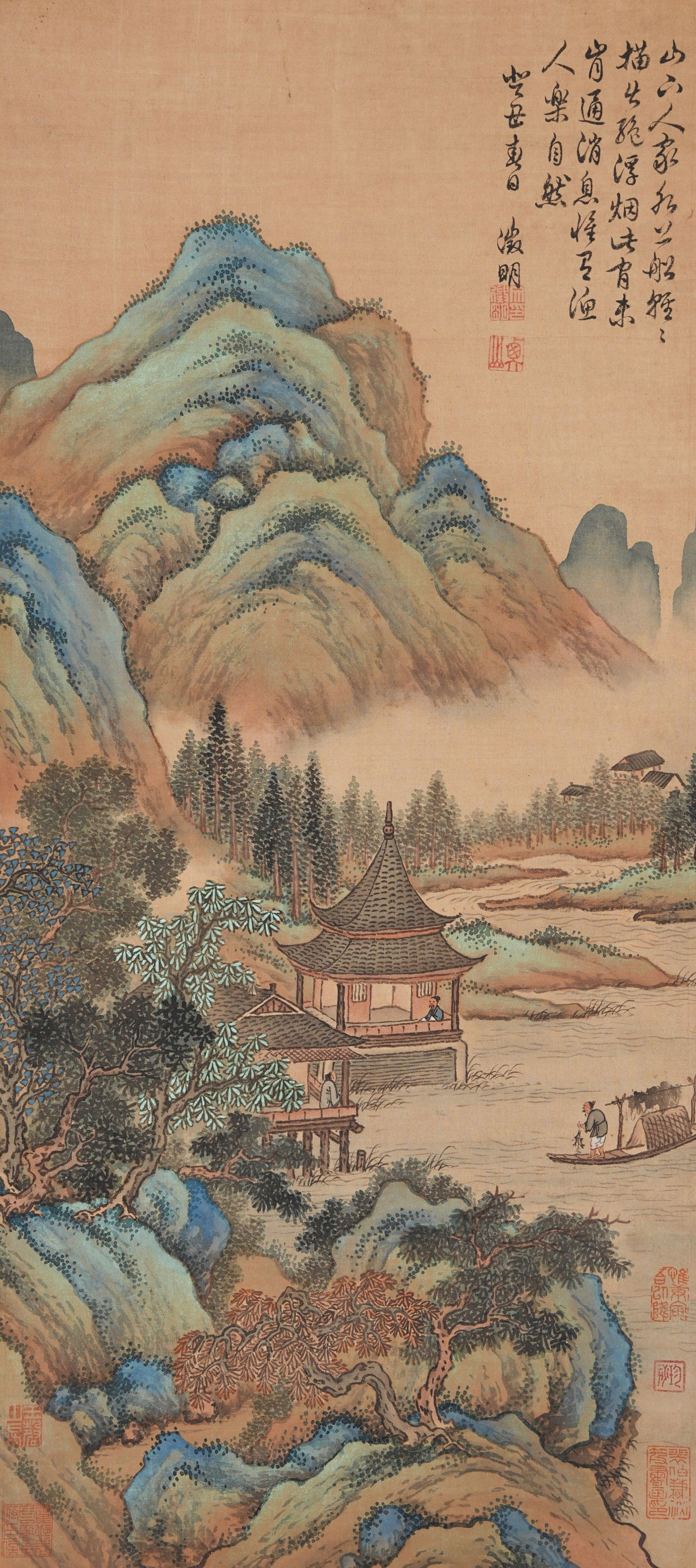 A LANDSCAPE PAINTING ON SILK BY WEN ZHENGMING.文徵明 (1 of 10)