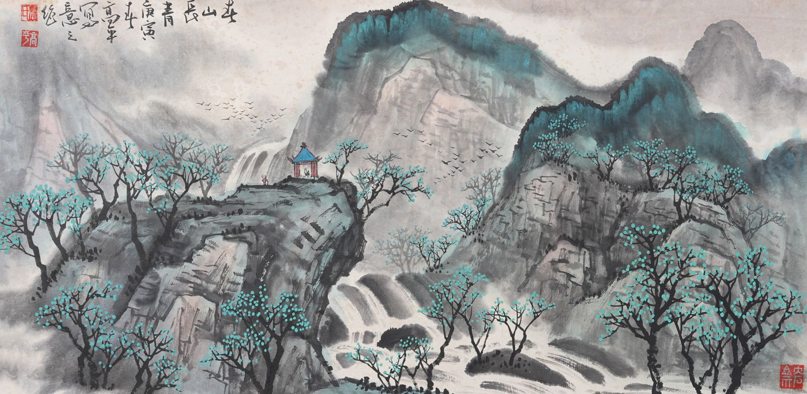 A LANDSCAPE PAINTING ON PAPER BY GAO PING, FRAMED AS A HANGING SCROLL.高平 (1 of 9)