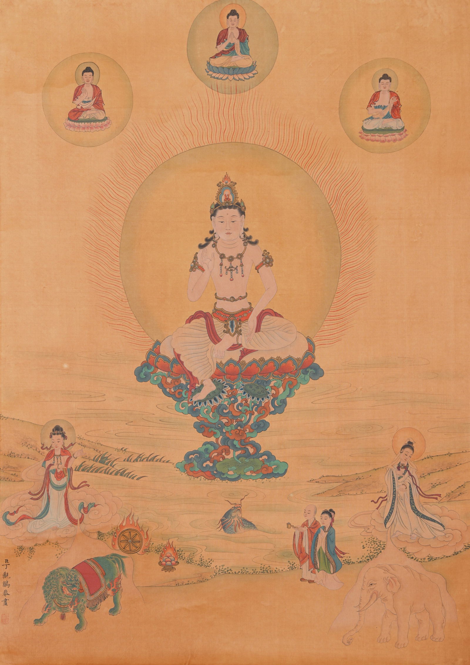 A BUDDHIST FIGURE PAINTING ON SILK BY DING GUANPENG.丁觀鵬 (1 of 8)