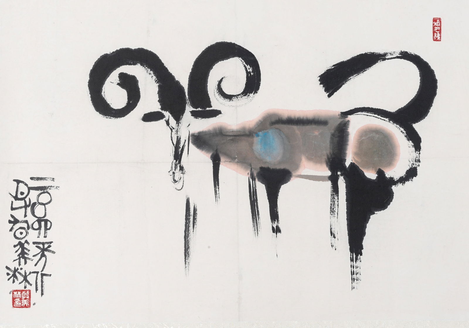 A SHEEP PAINTING ON PAPER BY HAN MEILIN, FRAMED AS A HANGING SCROLL.韓美林 (1 of 6)