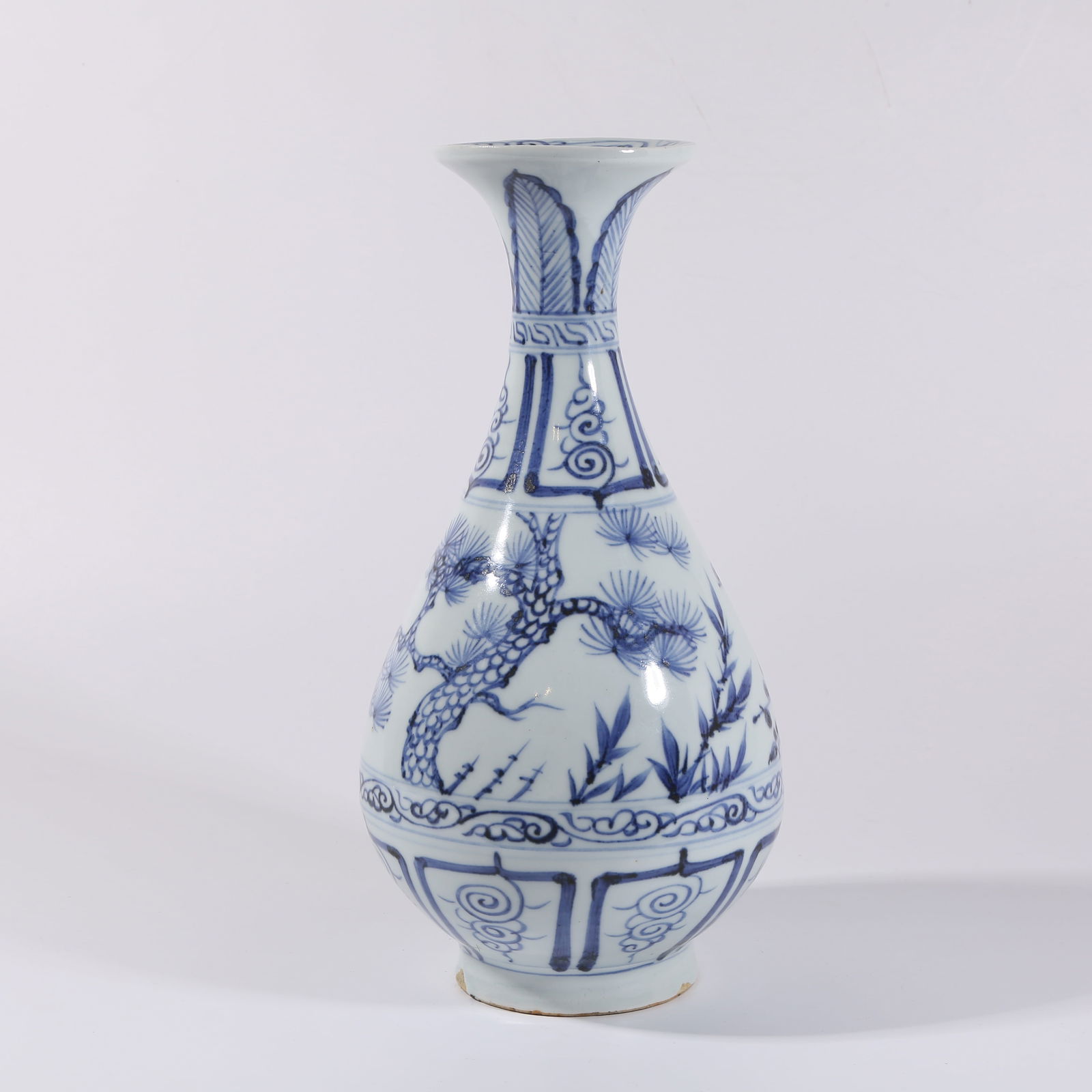 A BLUE-AND-WHITE YUHUCHUN VASE WITH "THREE FRIENDS OF WINTER" MOTIF: Blue-and-white yuhuchun vase with "Three Friends of Winter" motif