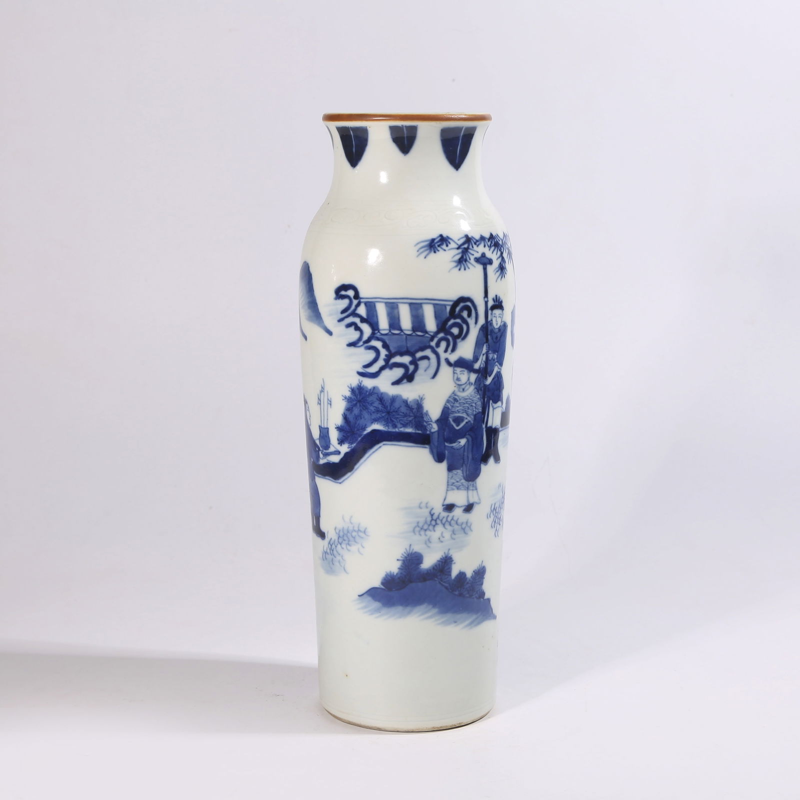 A SMALL CYLINDRICAL VASE WITH BLUE-AND-WHITE FIGURE STORY DESIGN (1 of 9)