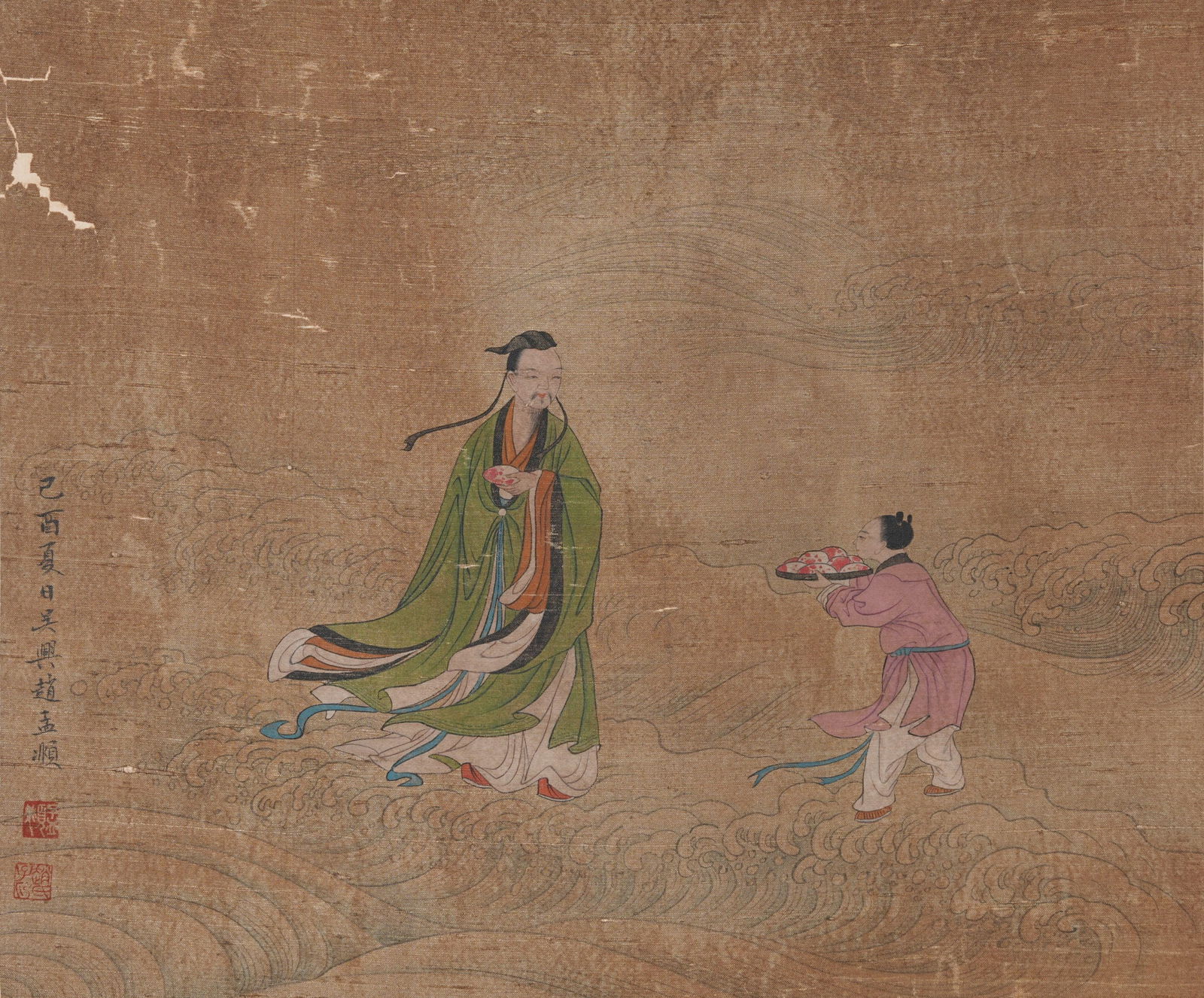 A FIGURE PAINTING ON SILK BY ZHAO MENGFU.趙孟頫: Figure Painting on Silk by Zhao Mengfu.趙孟頫