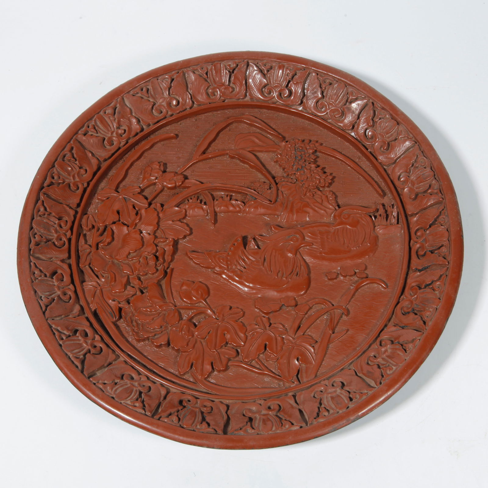 A CARVED LACQUER PLATE WITH FLOWER AND BIRD DESIGN (1 of 10)