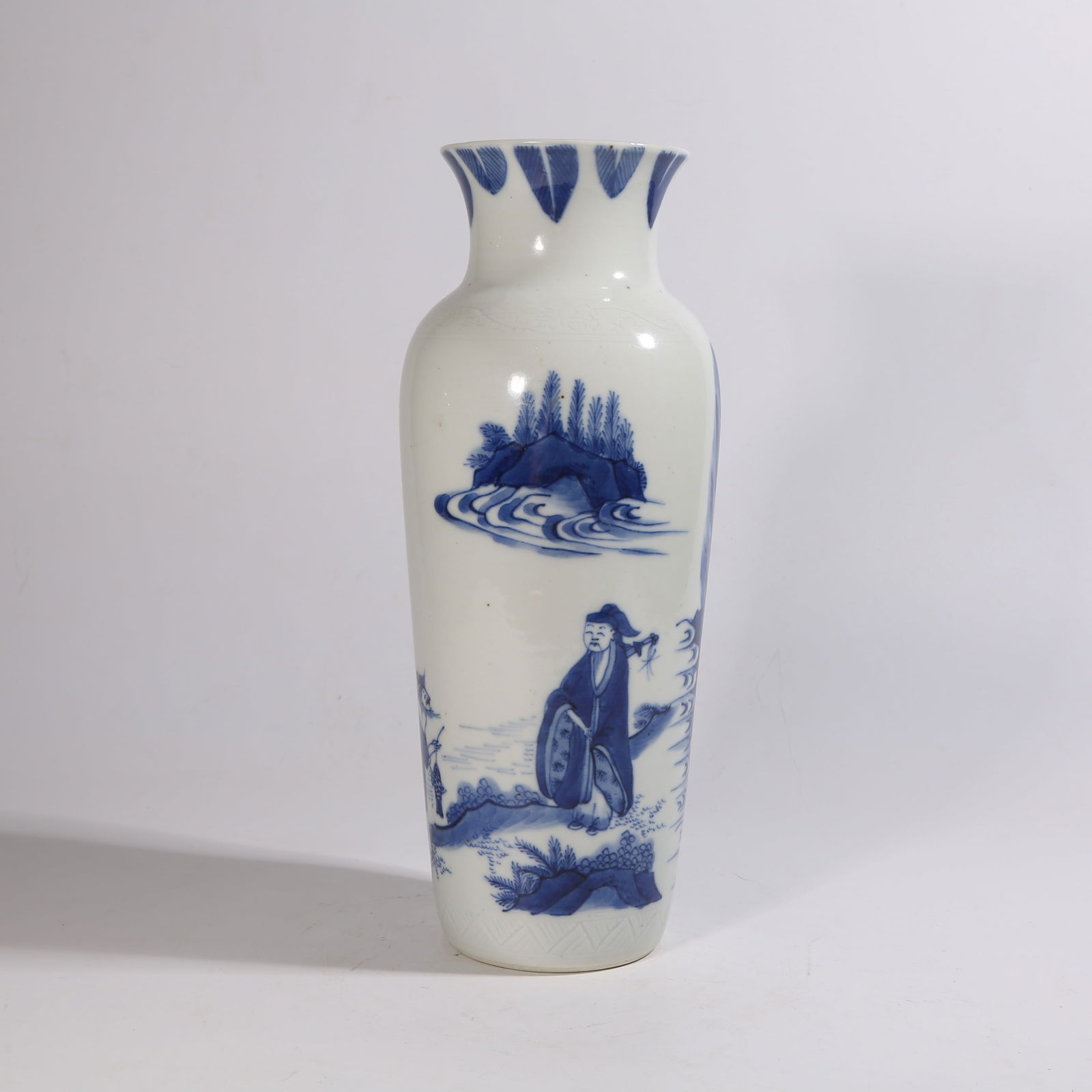 A BLUE-AND-WHITE SMALL CYLINDRICAL VASE WITH FIGURE STORY DESIGN (1 of 9)