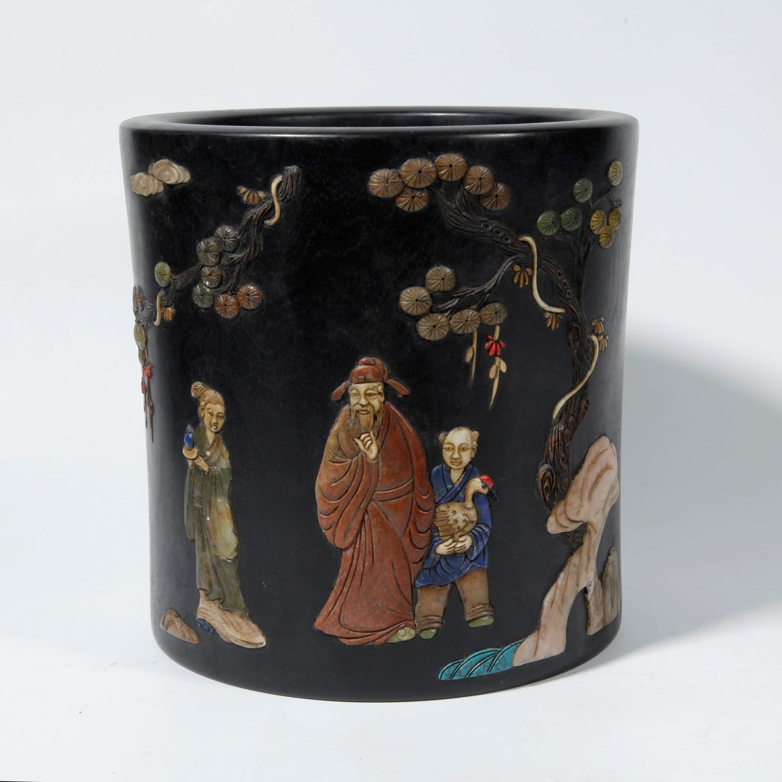 A ZITAN WOOD BRUSH HOLDER WITH HUNDRED TREASURES INLAY DEPICTING FIGURES AND STORIES (1 of 10)