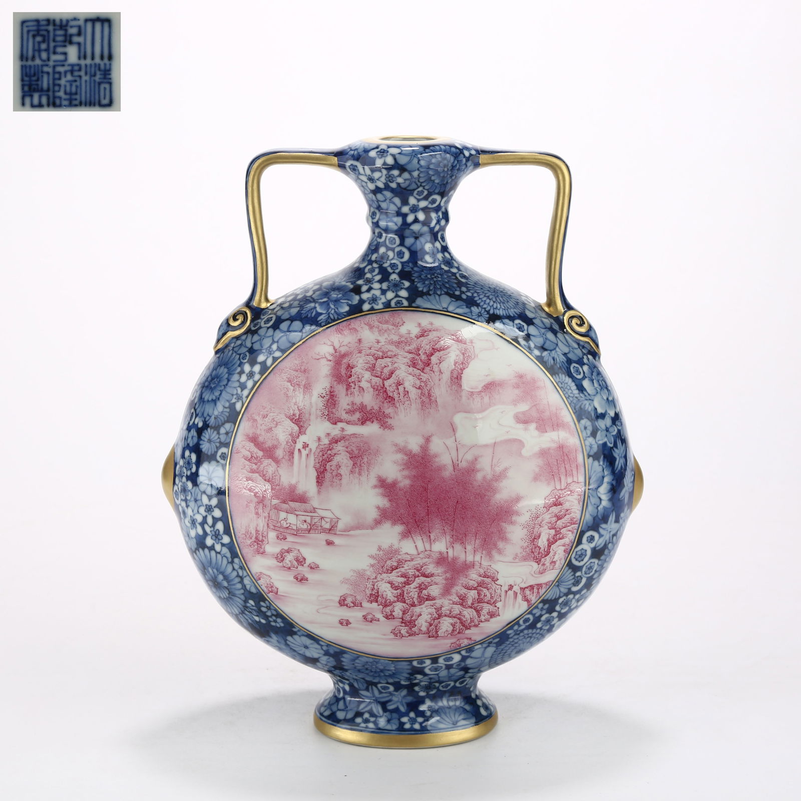 A BLUE AND WHITE WINDOWED "RUYI" EAR-HANDLED FLAT VASE WITH ROSE-PINK MOUNTAIN AND WATER MOTIF (1 of 11)