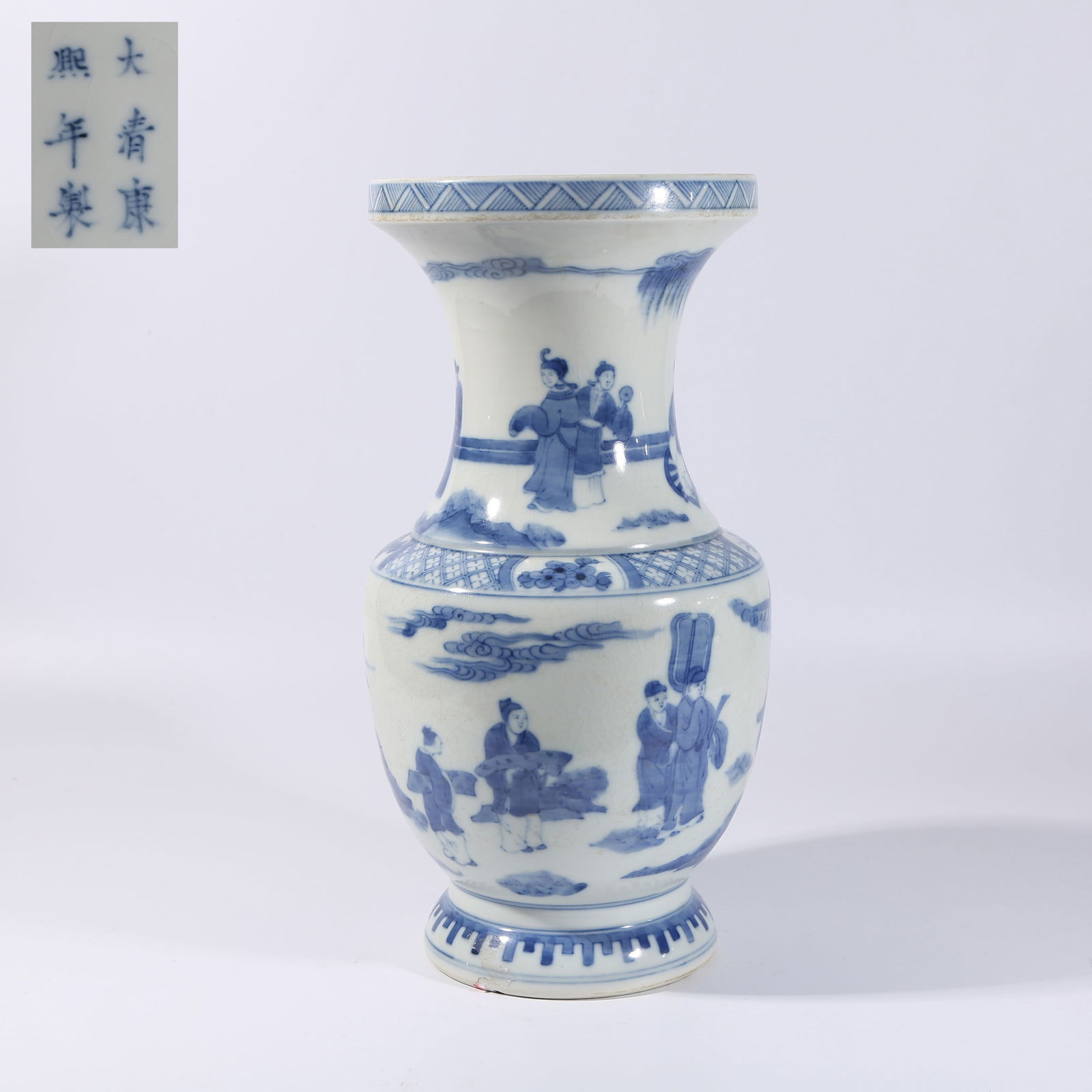 A BLUE-AND-WHITE PHOENIX-TAIL VASE WITH FIGURE AND NARRATIVE PATTERN: Blue-and-White Phoenix-Tail Vase with Figure and Narrative Pattern