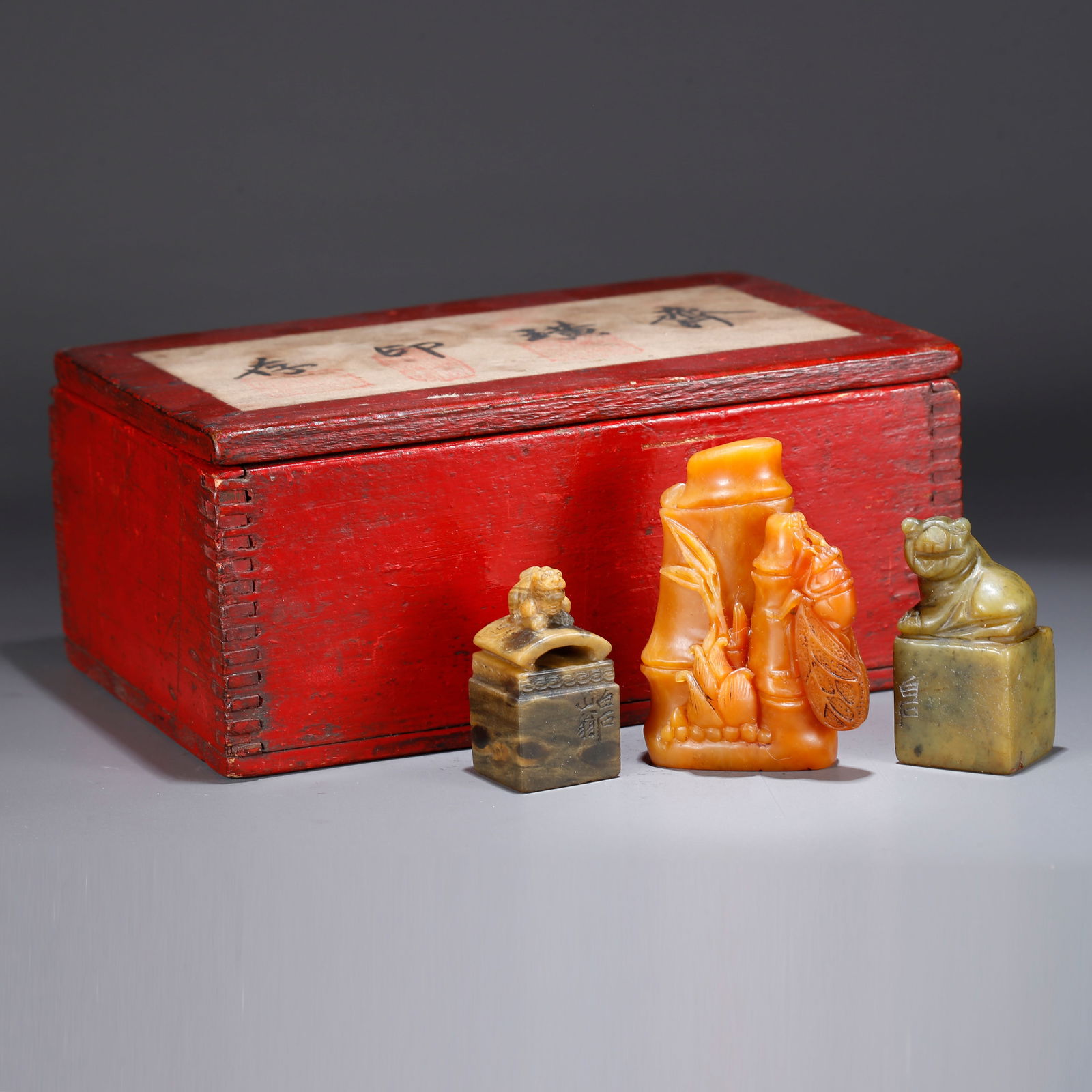 A SET OF SHOUSHAN TIANHUANG STONE SEALS IN BAMBOO SEGMENT FORM: Set of Shoushan Tianhuang Stone Seals in Bamboo Segment Form