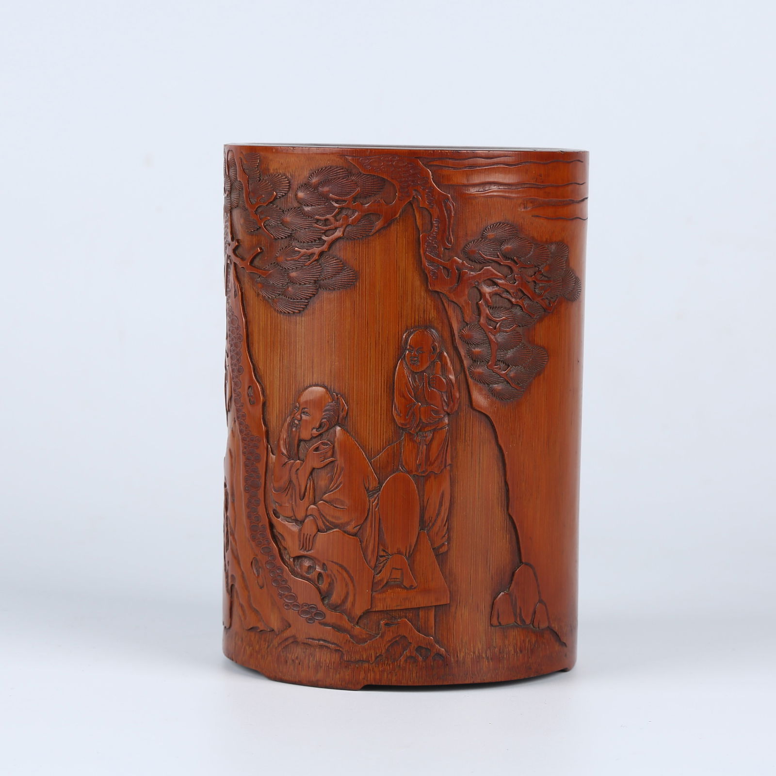 A BAMBOO CARVED LANDSCAPE AND FIGURE PATTERN BRUSH POT (1 of 11)
