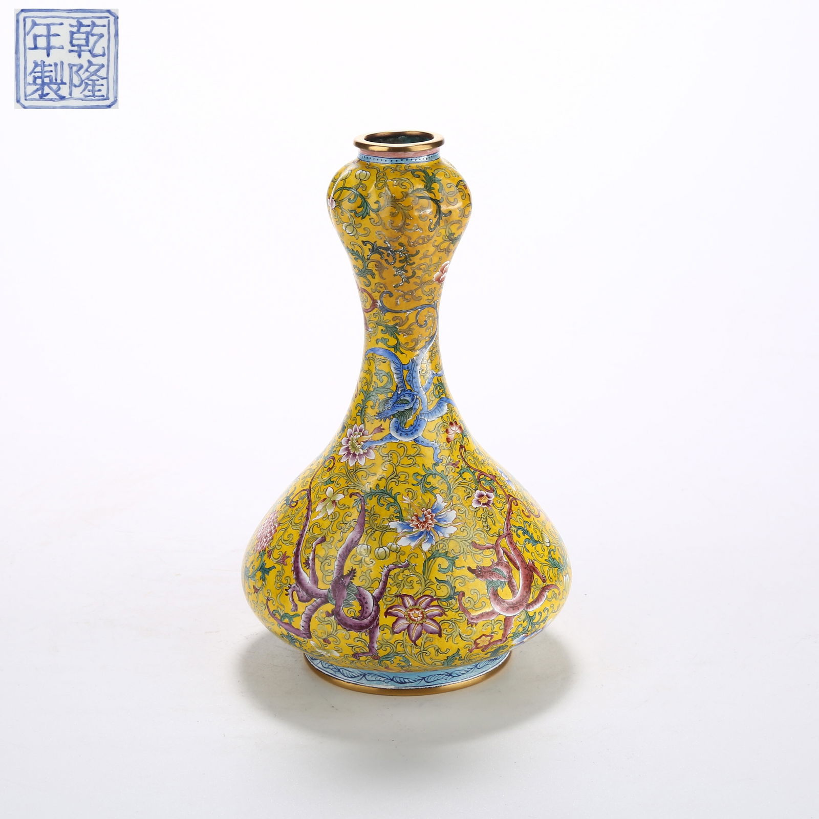 A CLOISONNÉ ENAMEL GARLIC-HEAD VASE WITH INTERTWINED CHI DRAGON DESIGN (1 of 10)