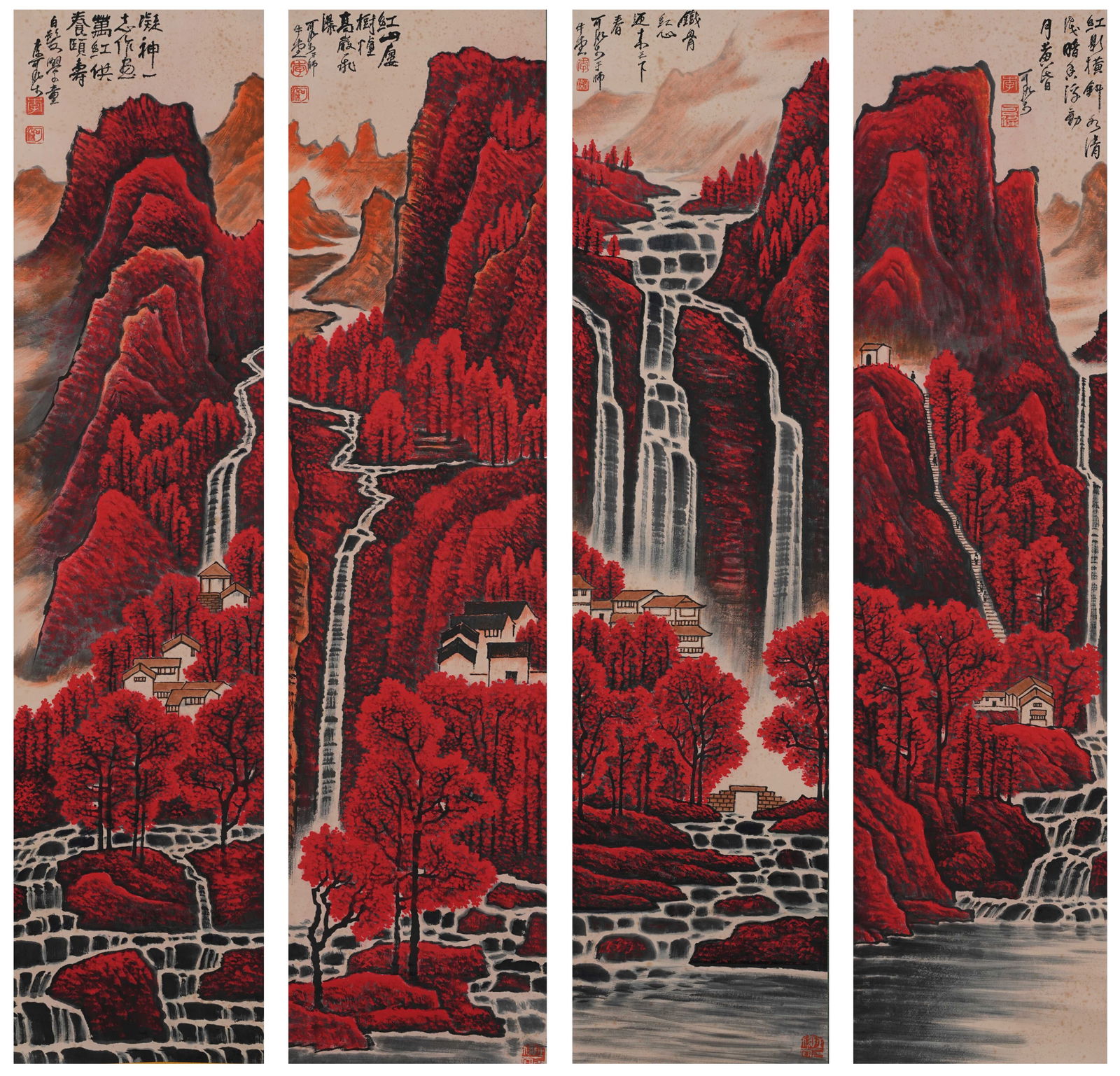 A TEN THOUSAND MOUNTAINS IN RED PAINTING ON PAPER (FOUR PANELS) BY LI KERAN.李可染: Ten Thousand Mountains in Red Painting on Paper (four panels) by Li Keran.李可染