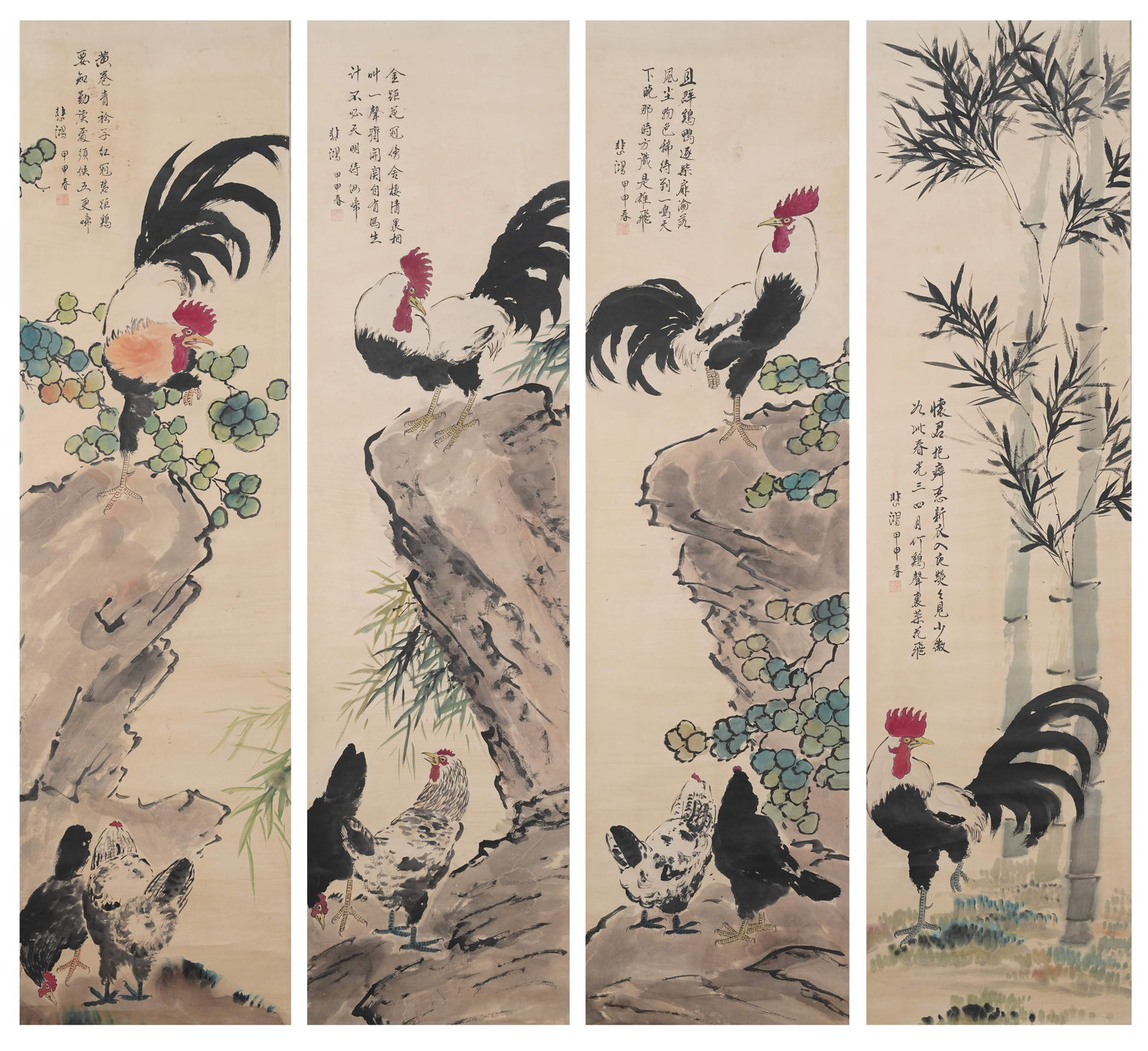 A ROOSTER PAINTINGS ON PAPER BY XU BEIHONG (SET OF FOUR).徐悲鴻 (1 of 15)
