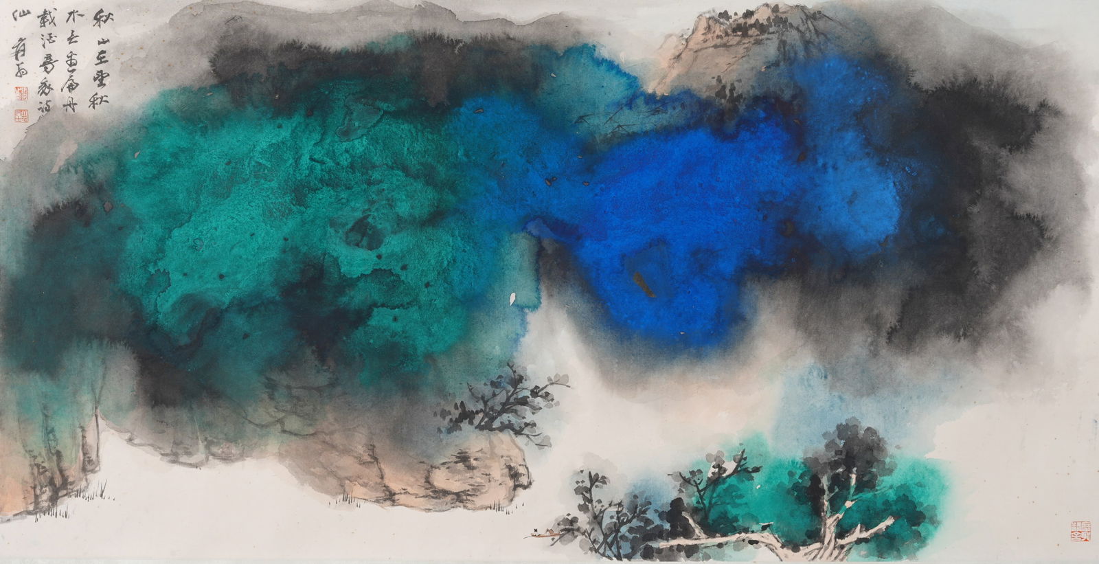 A SPLASHED-COLOR PAINTING ON PAPER BY ZHANG DAQIAN, MOUNTED AS A FRAMED PIECE.張大 (1 of 10)