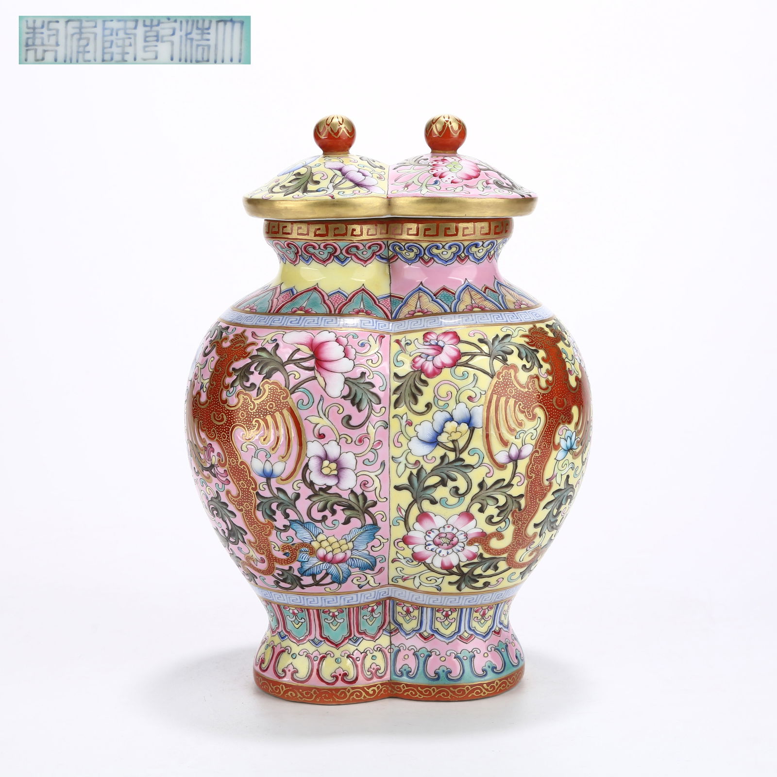 A YANGCAI TWIN-LINKED VASE WITH FLORAL AND PHOENIX MOTIF (1 of 9)