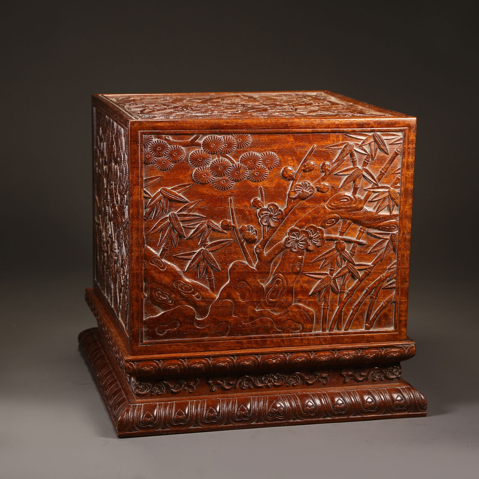 A HUANGHUALI SEAL BOX WITH "THREE FRIENDS OF WINTER" DESIGN: Huanghuali Seal Box with "Three Friends of Winter" Design