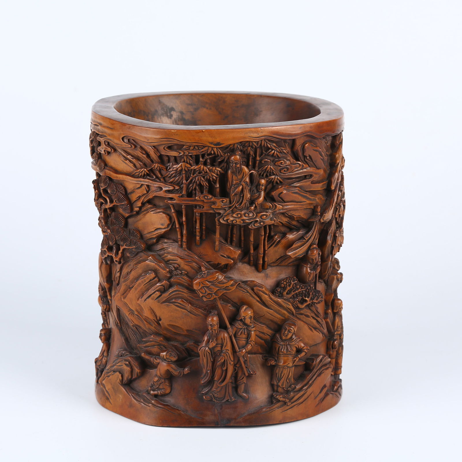 A BOXWOOD CARVED FIGURE STORY PATTERN BRUSH POT (1 of 10)