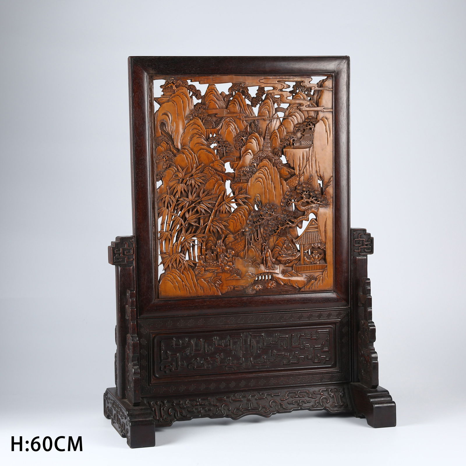 A ZITAN WOOD INLAID BOXWOOD LANDSCAPE AND FIGURE STORY PATTERN TABLE SCREEN (1 of 10)