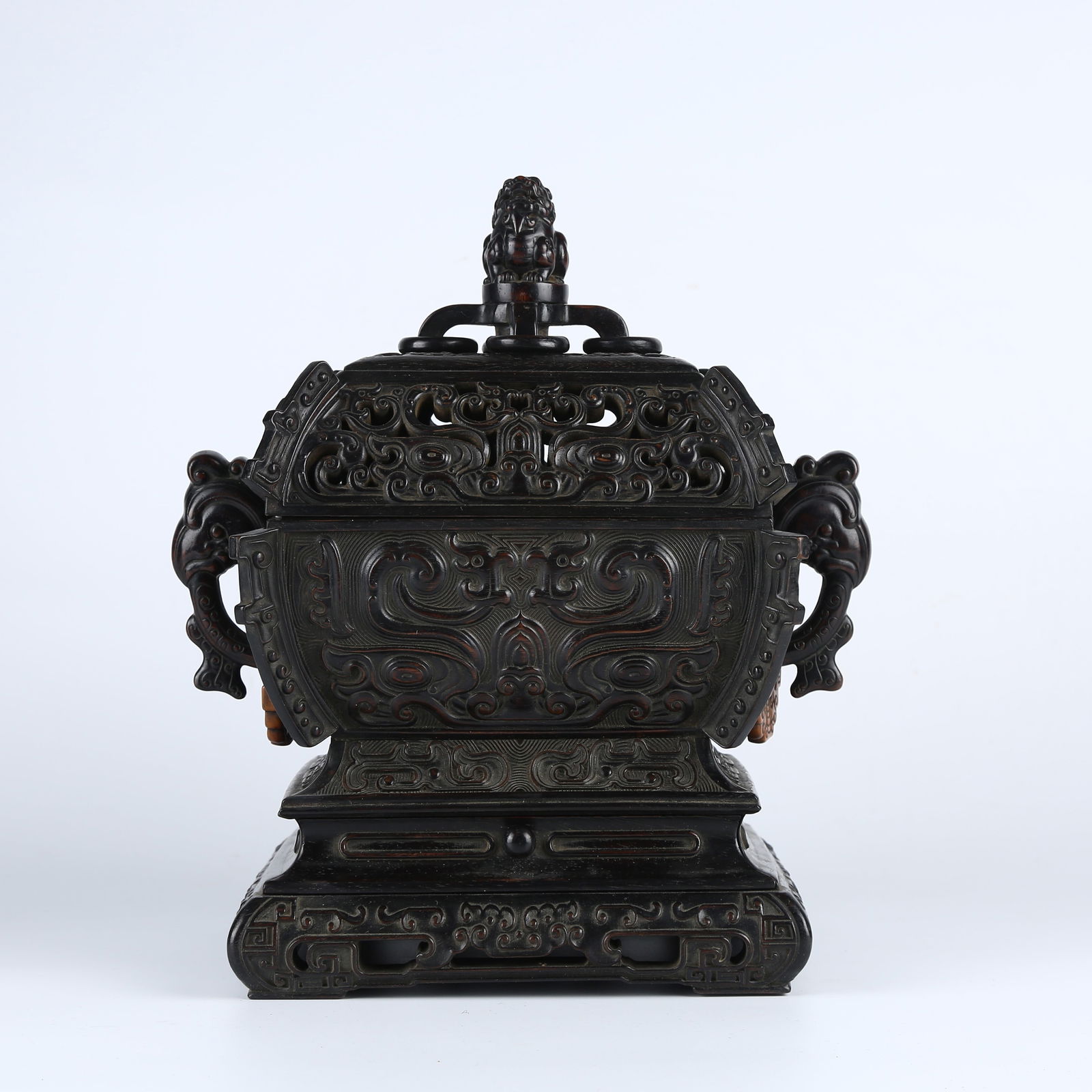 A ZITAN WOOD CARVED BEAST PATTERN OPENWORK RING INCENSE BURNER: Zitan Wood Carved Beast Pattern Openwork Ring Incense Burner