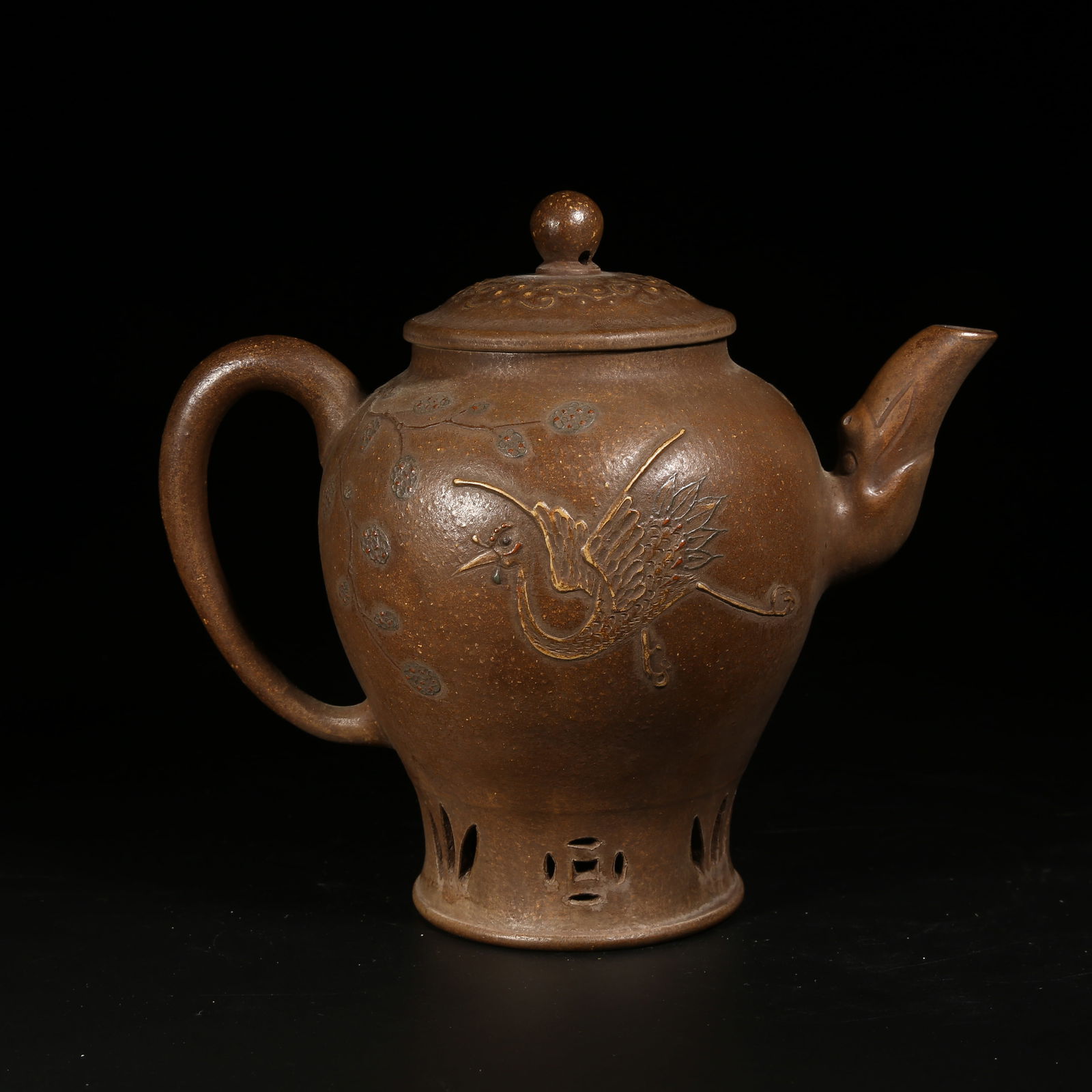 A YIXING ZISHA EWER WITH DEER AND CRANE FOR LONGEVITY MOTIF (1 of 9)