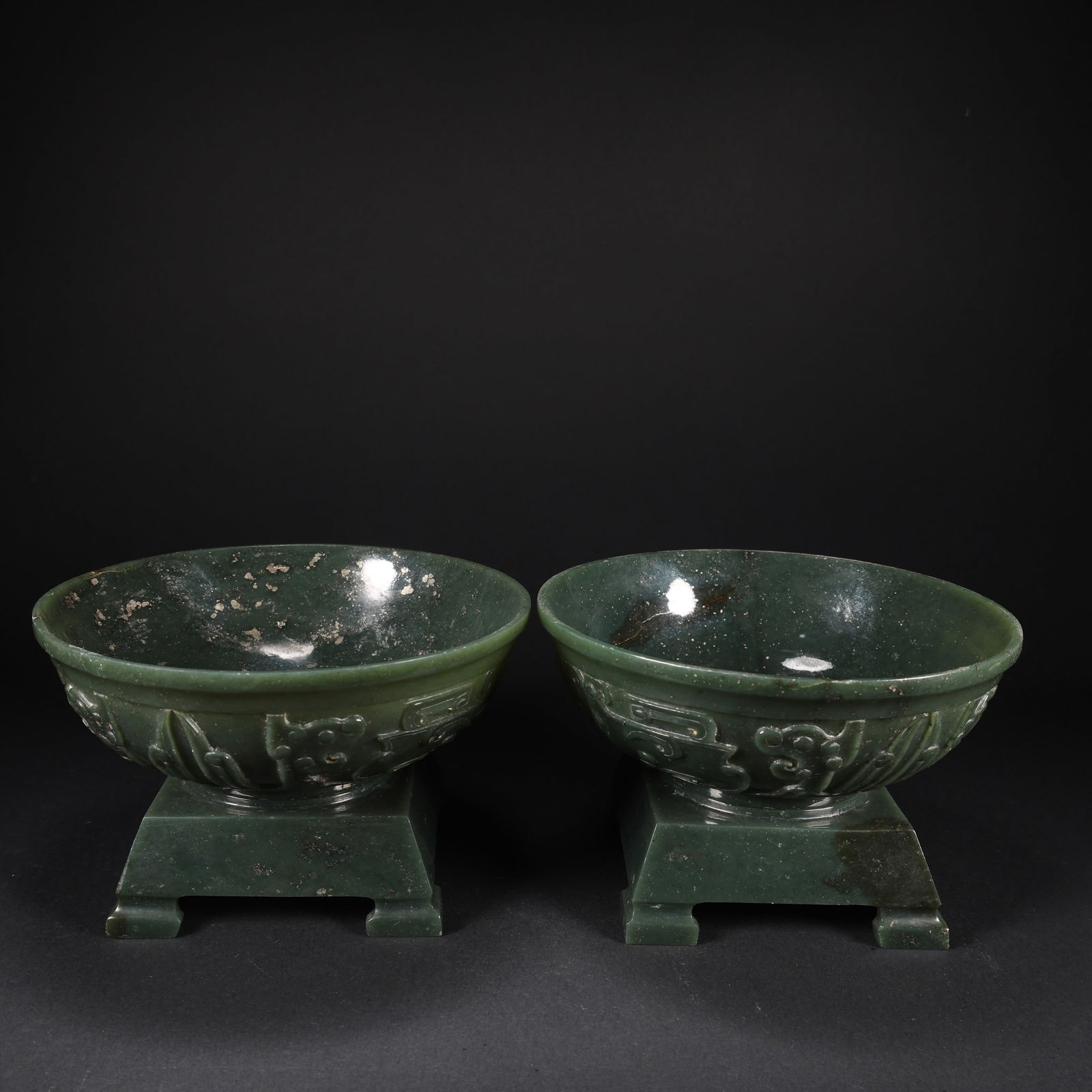 A PAIR OF HETIAN GREEN JADE TWO-PIECE ANTIQUE-INSPIRED BOWLS (1 of 9)
