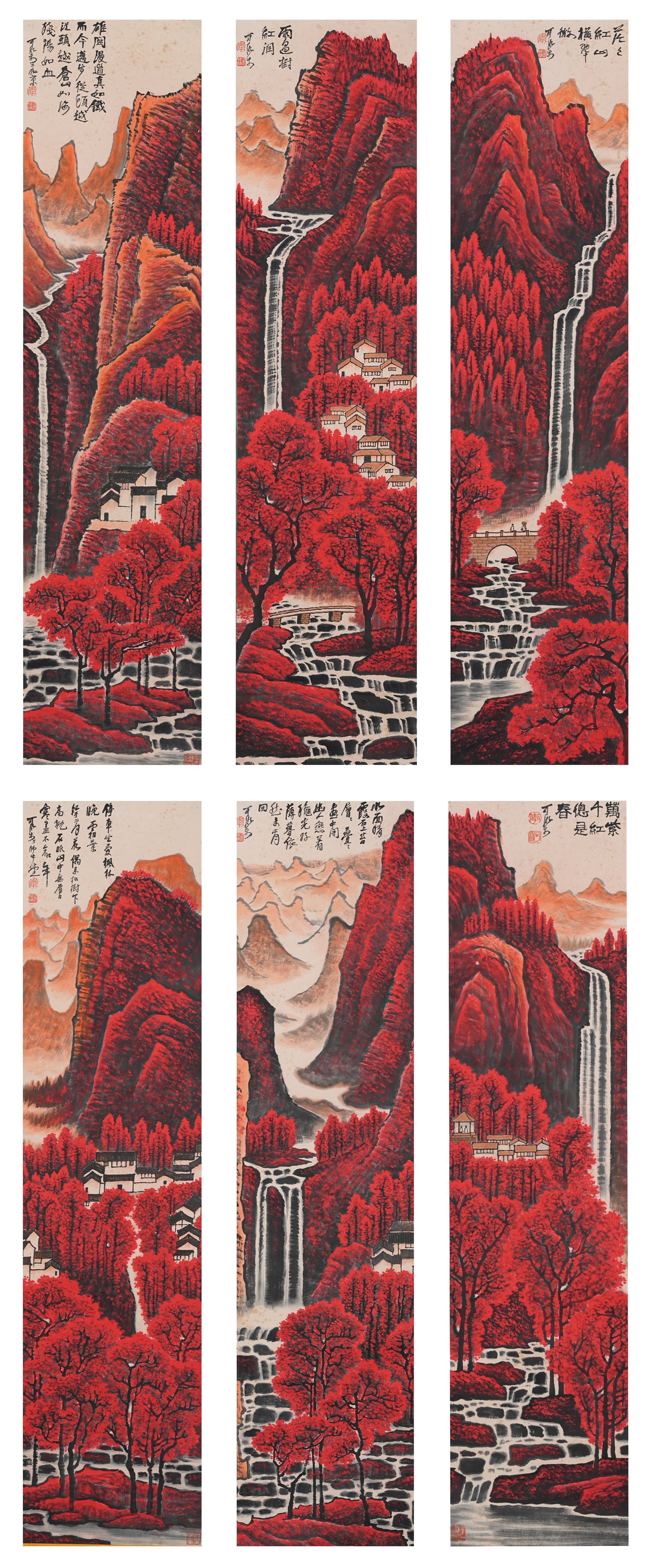 A "TEN THOUSAND MOUNTAINS IN RED" PAINTINGS ON PAPER BY LI KERAN (SIX PIECES).李可: "Ten Thousand Mountains in Red" Paintings on Paper by Li Keran (six pieces).李可染