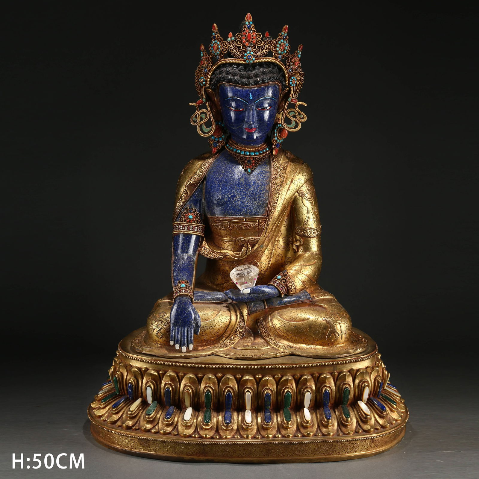A GILT BRONZE CROWNED SHAKYAMUNI BUDDHA STATUE INLAID WITH LAPIS LAZULI (1 of 9)