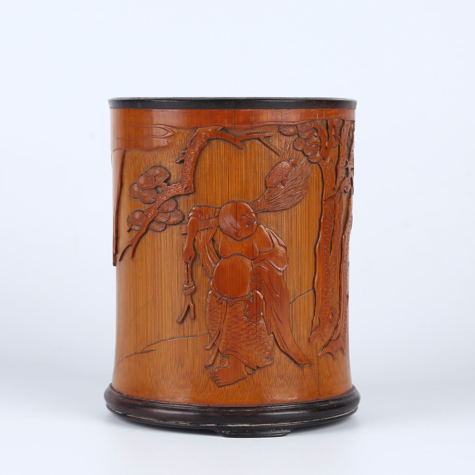 A BAMBOO CARVED FIGURE UNDER PINE TREE PATTERN BRUSH POT (1 of 11)