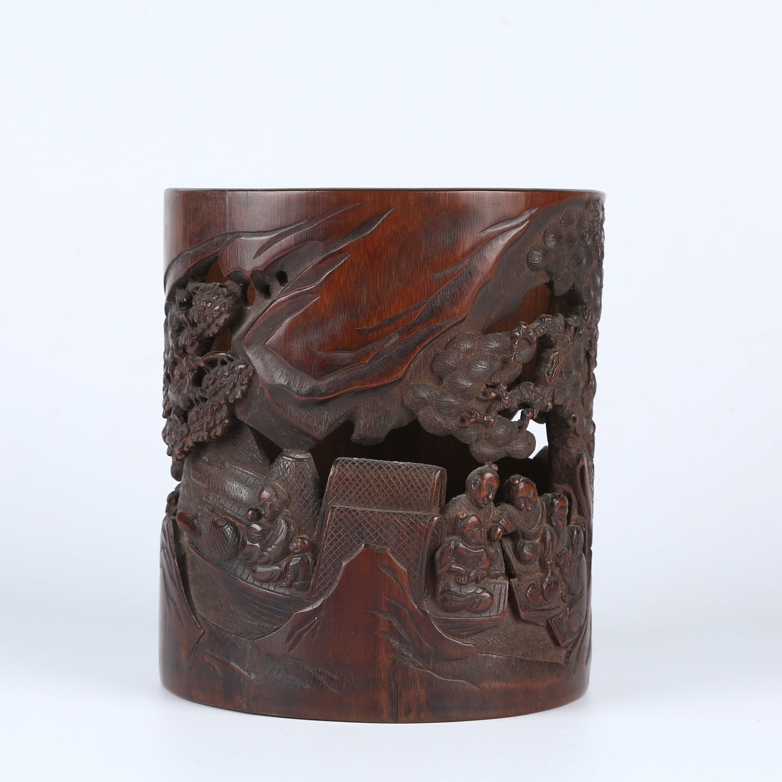 A BAMBOO OPENWORK CARVED LANDSCAPE AND FIGURE STORY PATTERN BRUSH POT (1 of 12)