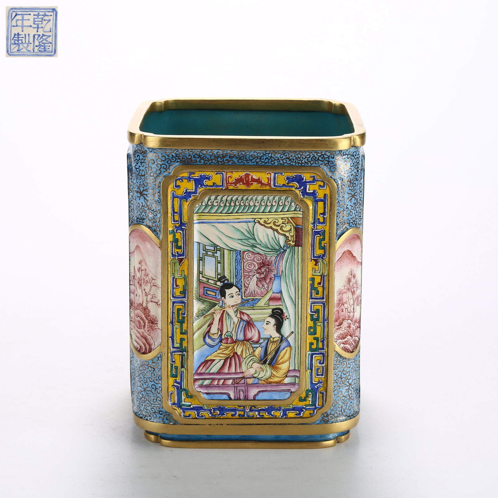 A CLOISONNÉ ENAMEL SQUARE BRUSH POT WITH ROUNDED CORNERS AND "TEACHING THE CHILD" DESIGN (1 of 9)