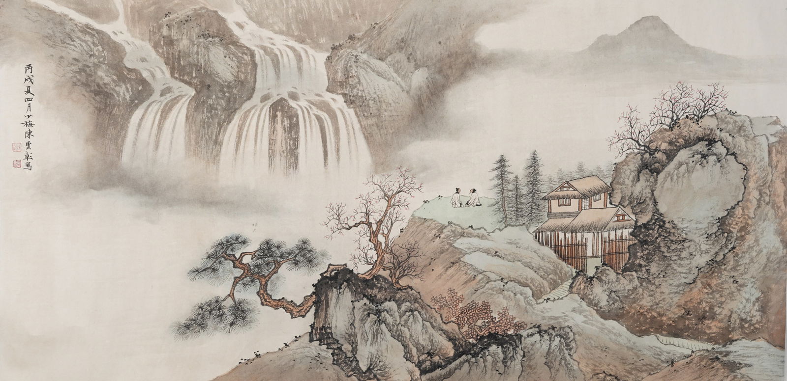 A LANDSCAPE AND FIGURE PAINTING ON PAPER BY CHEN SHAOMEI, FRAMED AS A HANGING SCROLL.陳少 (1 of 9)