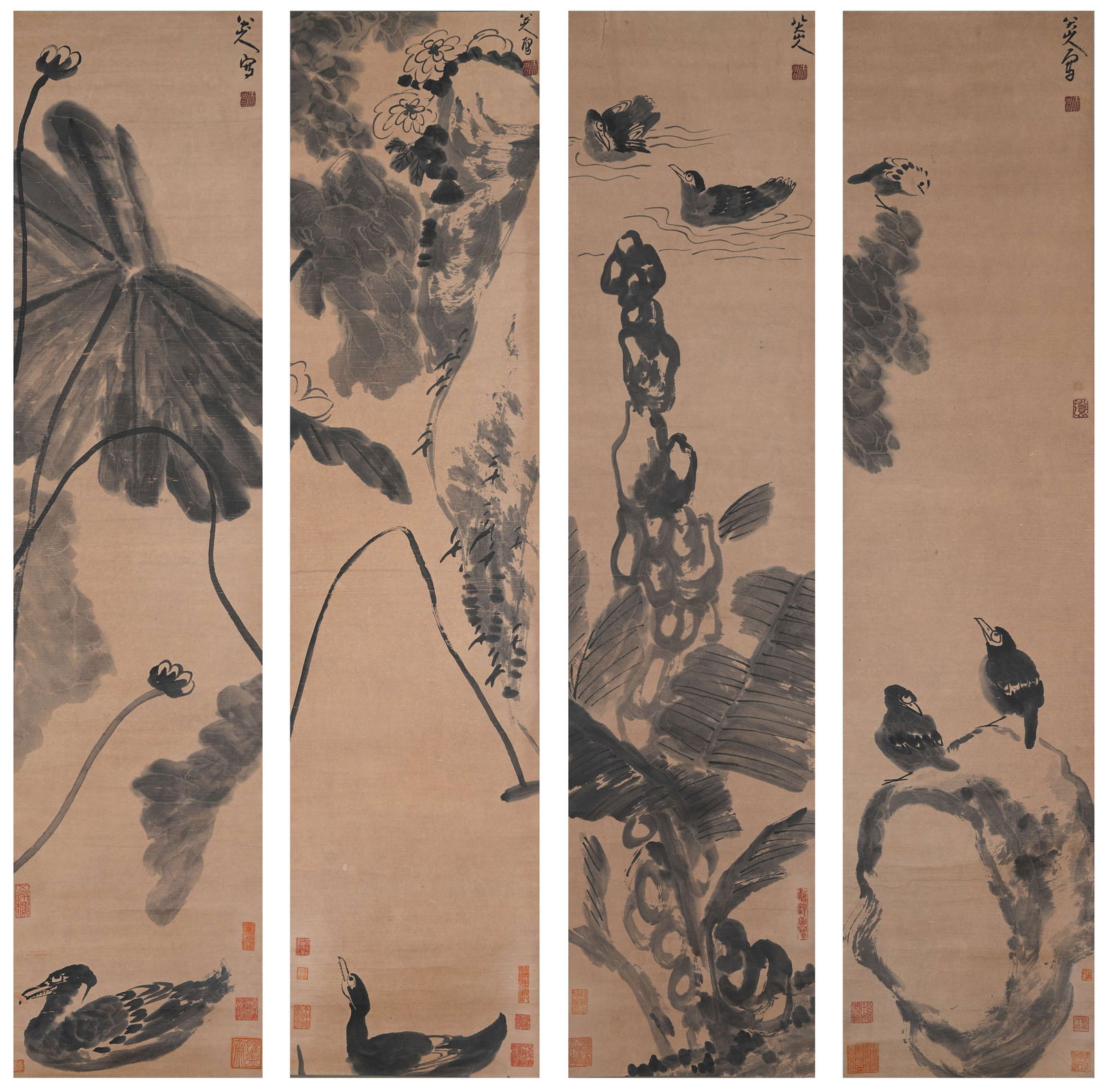A DUCK PAINTINGS ON PAPER BY BADA SHANREN (FOUR PIECES).八大山人 (1 of 13)