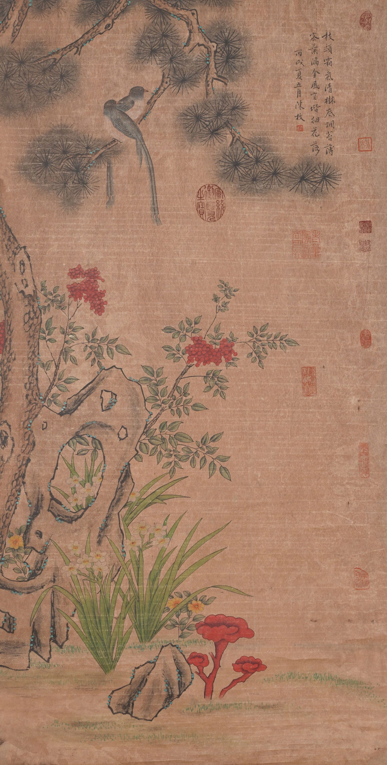 A SCHOLAR'S ROCK AND FLOWER-AND-BIRD PAINTING ON PAPER BY CHEN MEI.陳枚 (1 of 10)