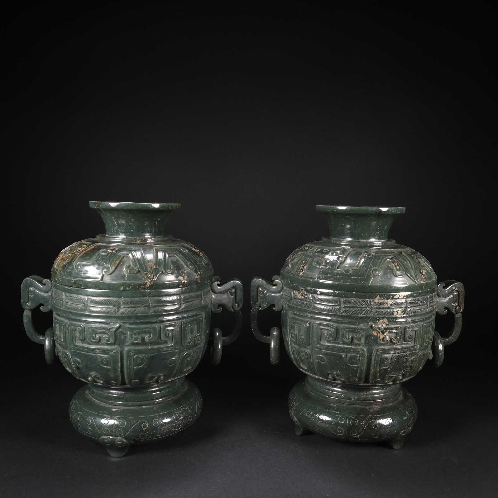 A PAIR OF HETIAN GREEN JADE THREE-PIECE ANTIQUE-INSPIRED CENSERS (1 of 9)